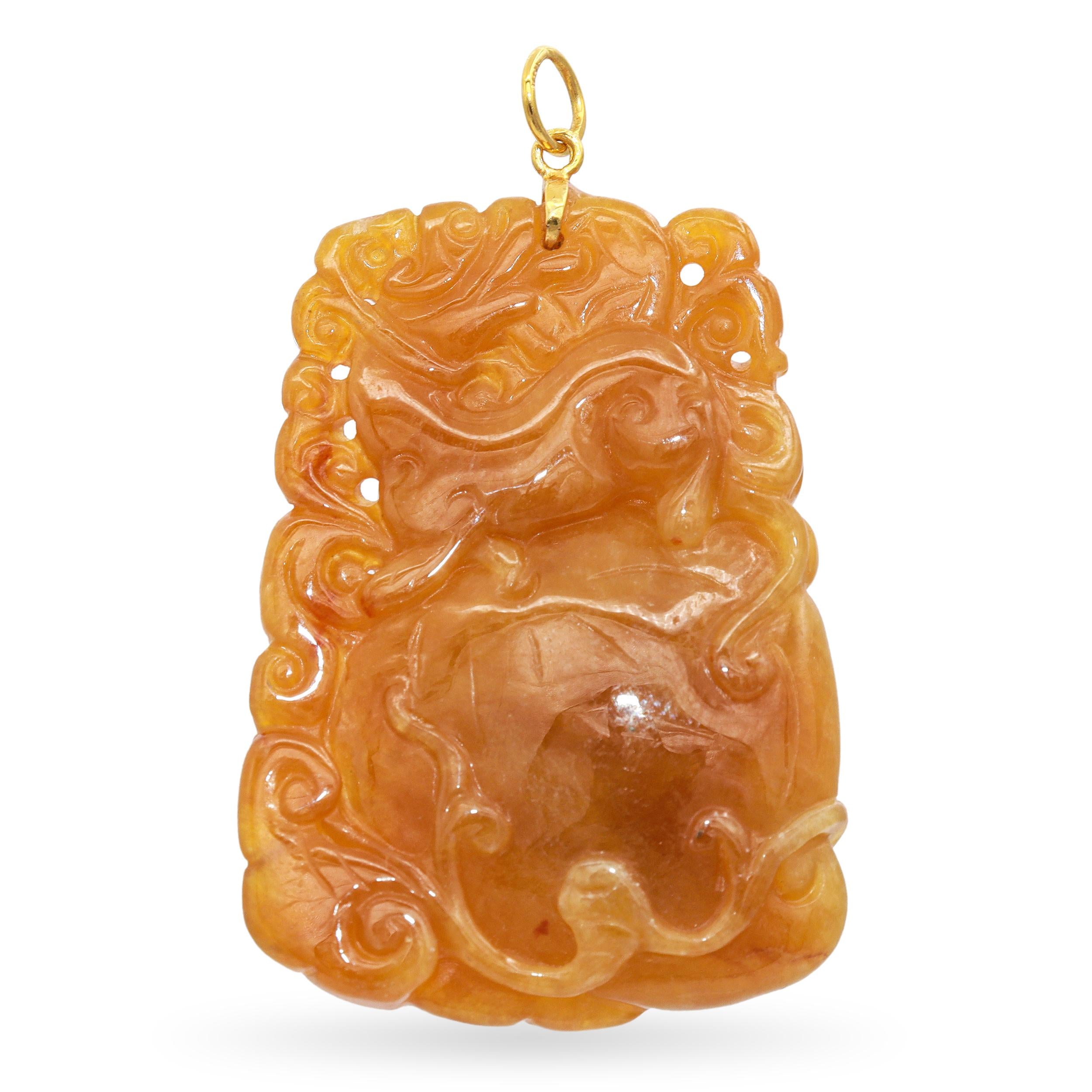 Vintage 18K Yellow Gold Carved Orange Jade Gourd & Vine Pendant