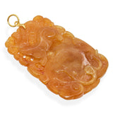 Vintage 18K Yellow Gold Carved Orange Jade Gourd & Vine Pendant