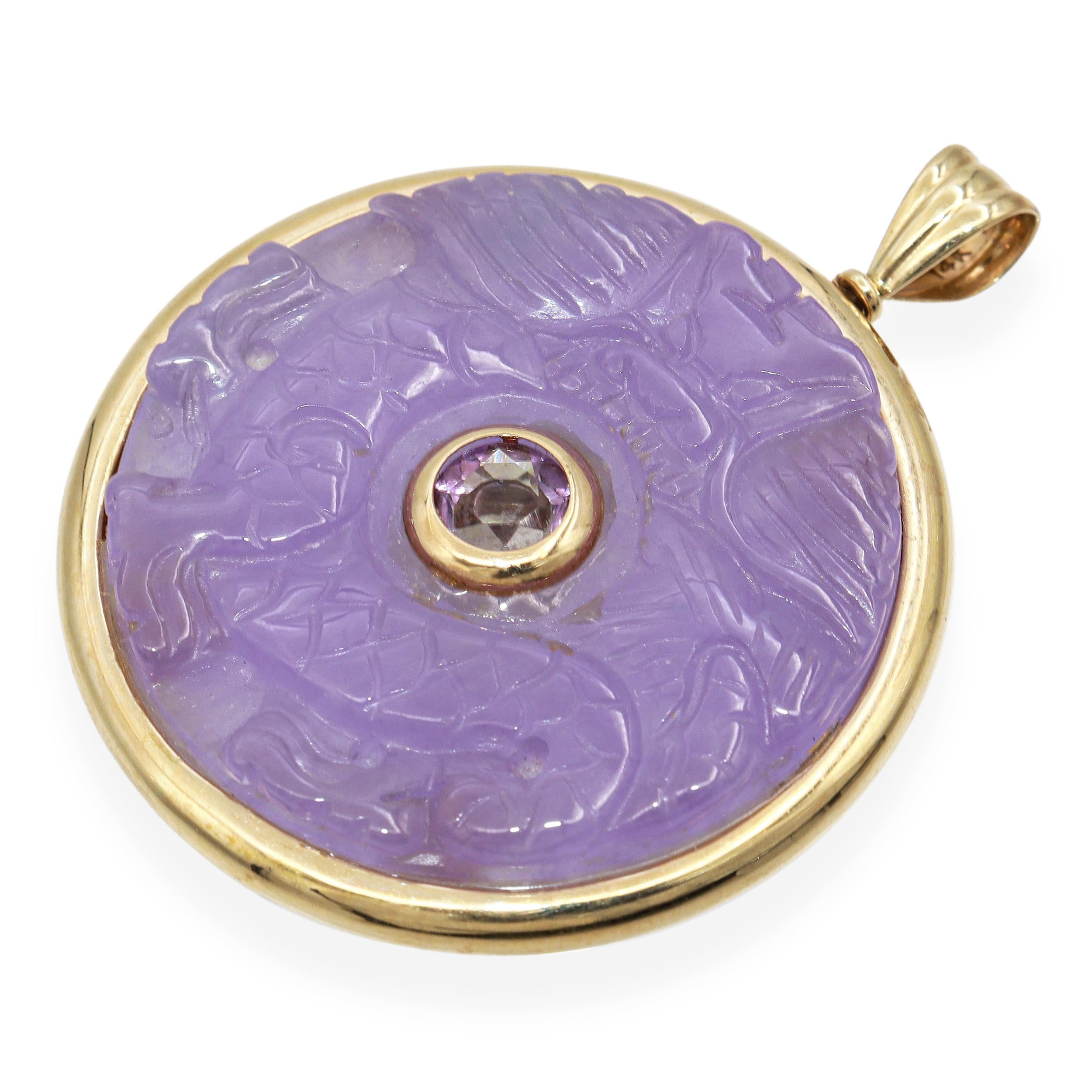 Vintage 14K Yellow Gold Reversible Carved Jade Peridot Amethyst Dragon Pendant
