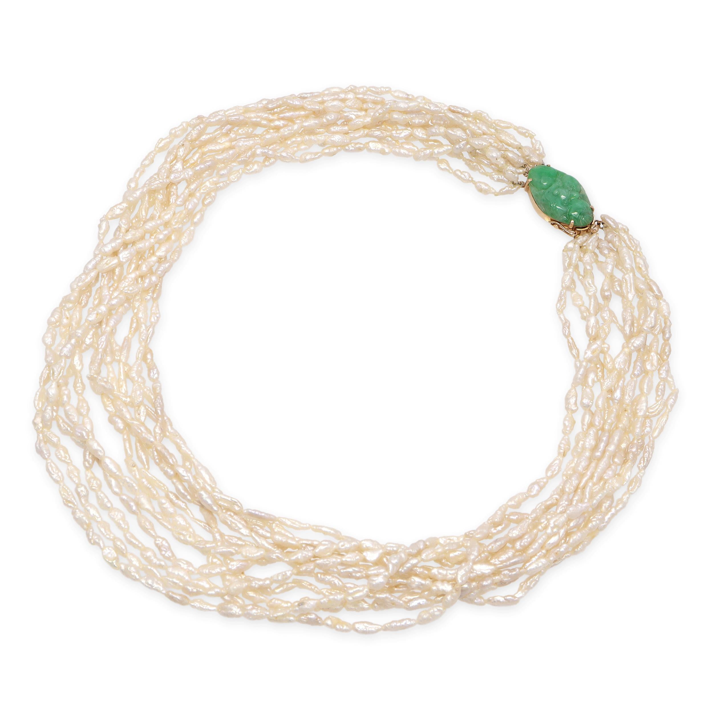 Vintage 14k Yellow Gold Carved Jade and Pearl Multi-Strand Necklace