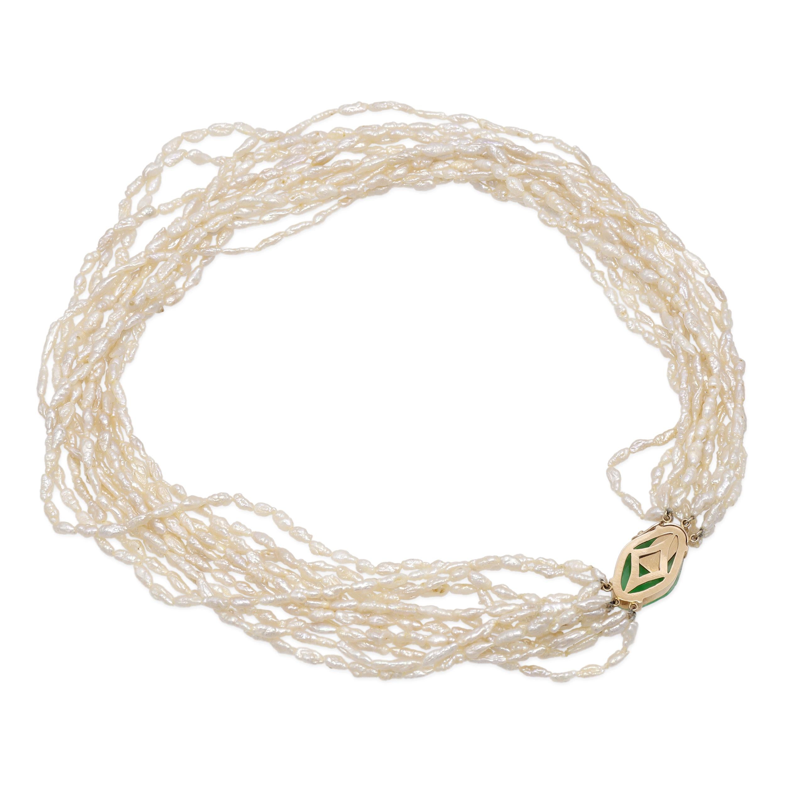 Vintage 14k Yellow Gold Carved Jade and Pearl Multi-Strand Necklace