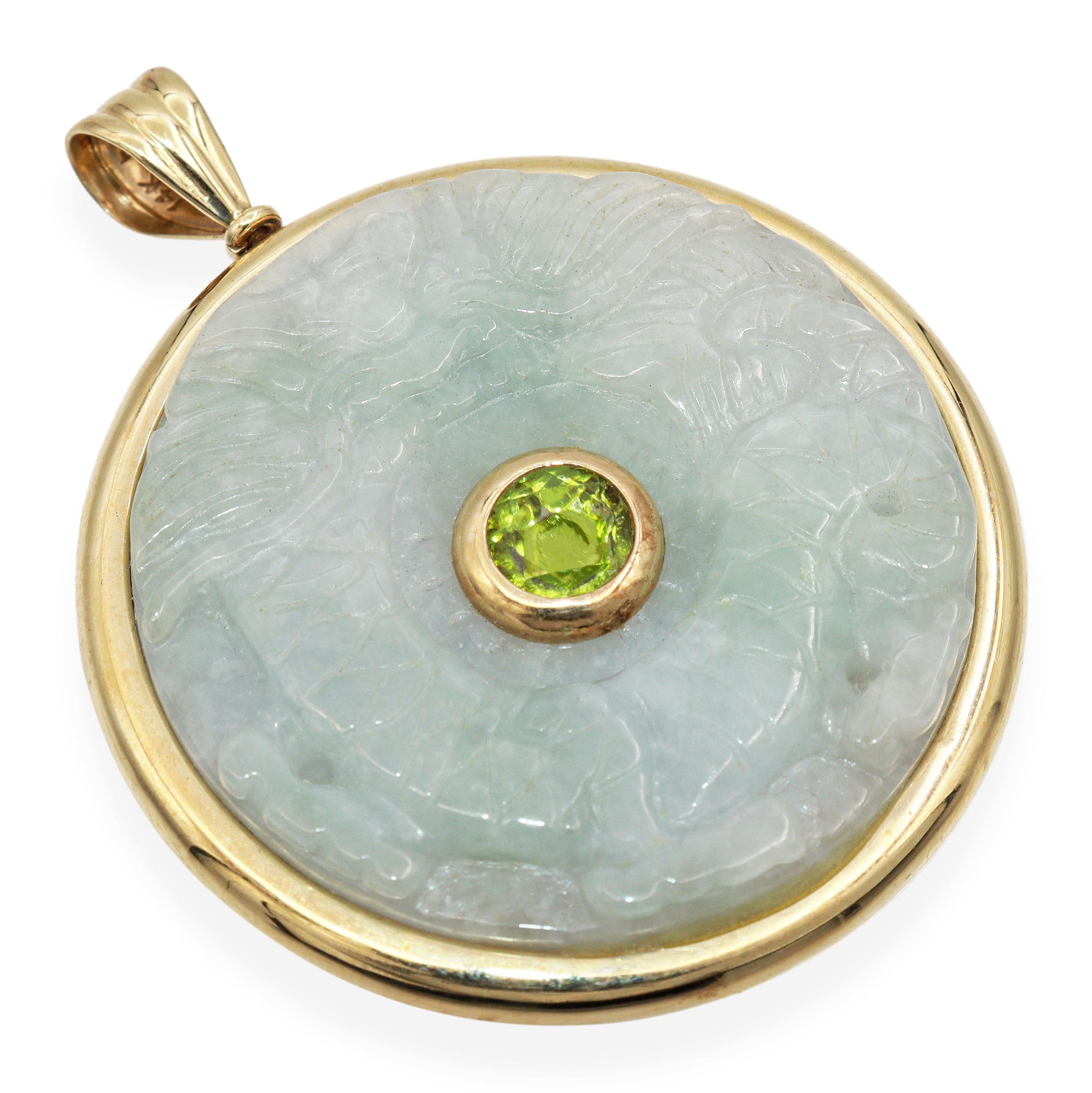 Vintage 14K Yellow Gold Reversible Carved Jade Peridot Amethyst Dragon Pendant