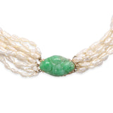 Vintage 14k Yellow Gold Carved Jade and Pearl Multi-Strand Necklace