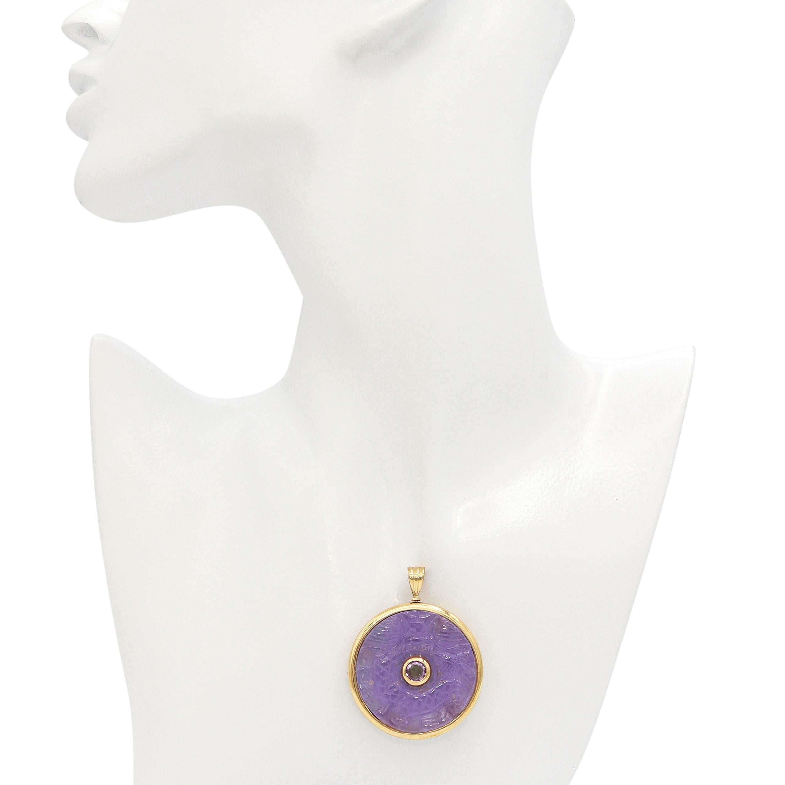 Vintage 14K Yellow Gold Reversible Carved Jade Peridot Amethyst Dragon Pendant