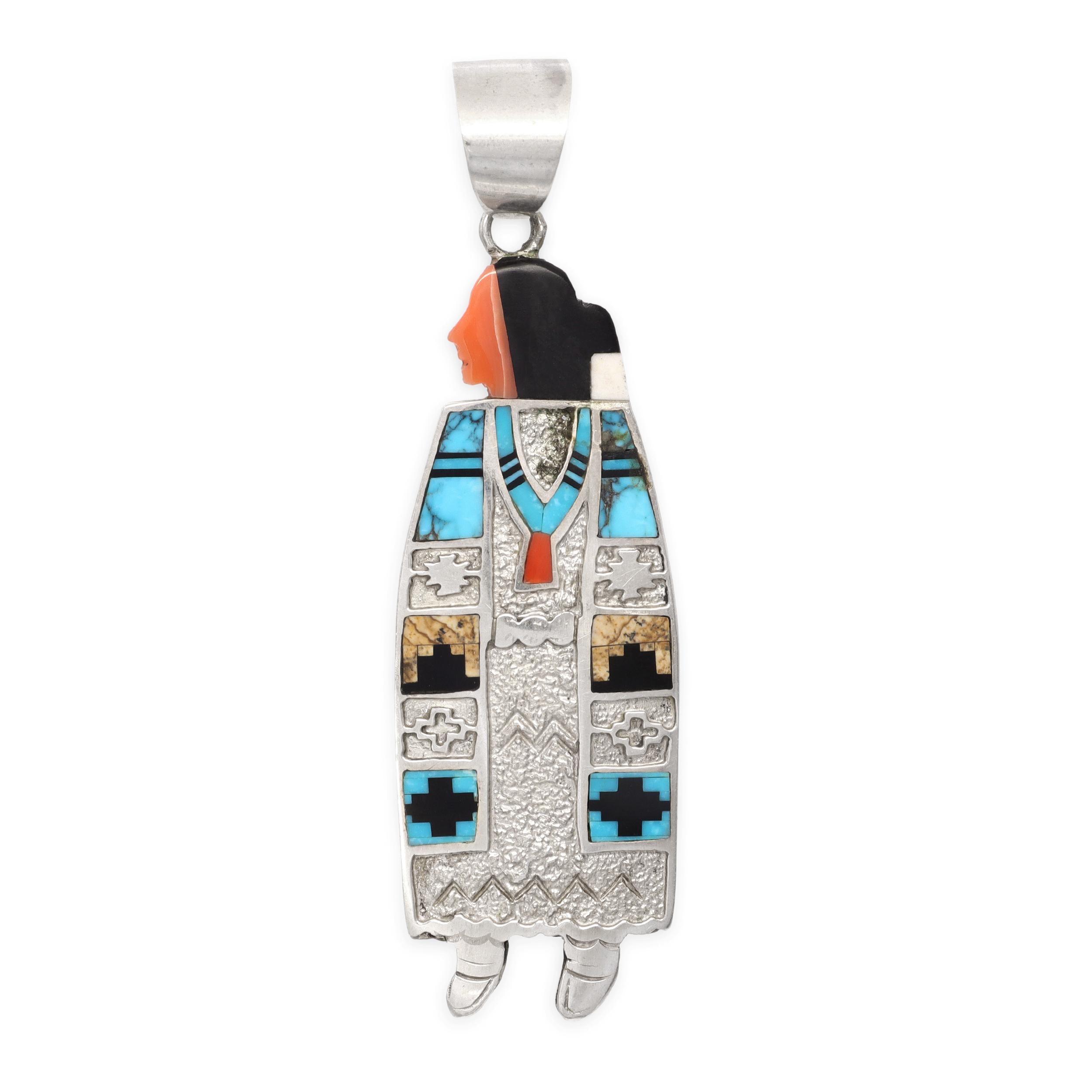 Native American Zuni Sterling Silver Mosaic Inlay Reversible Maiden Pendant