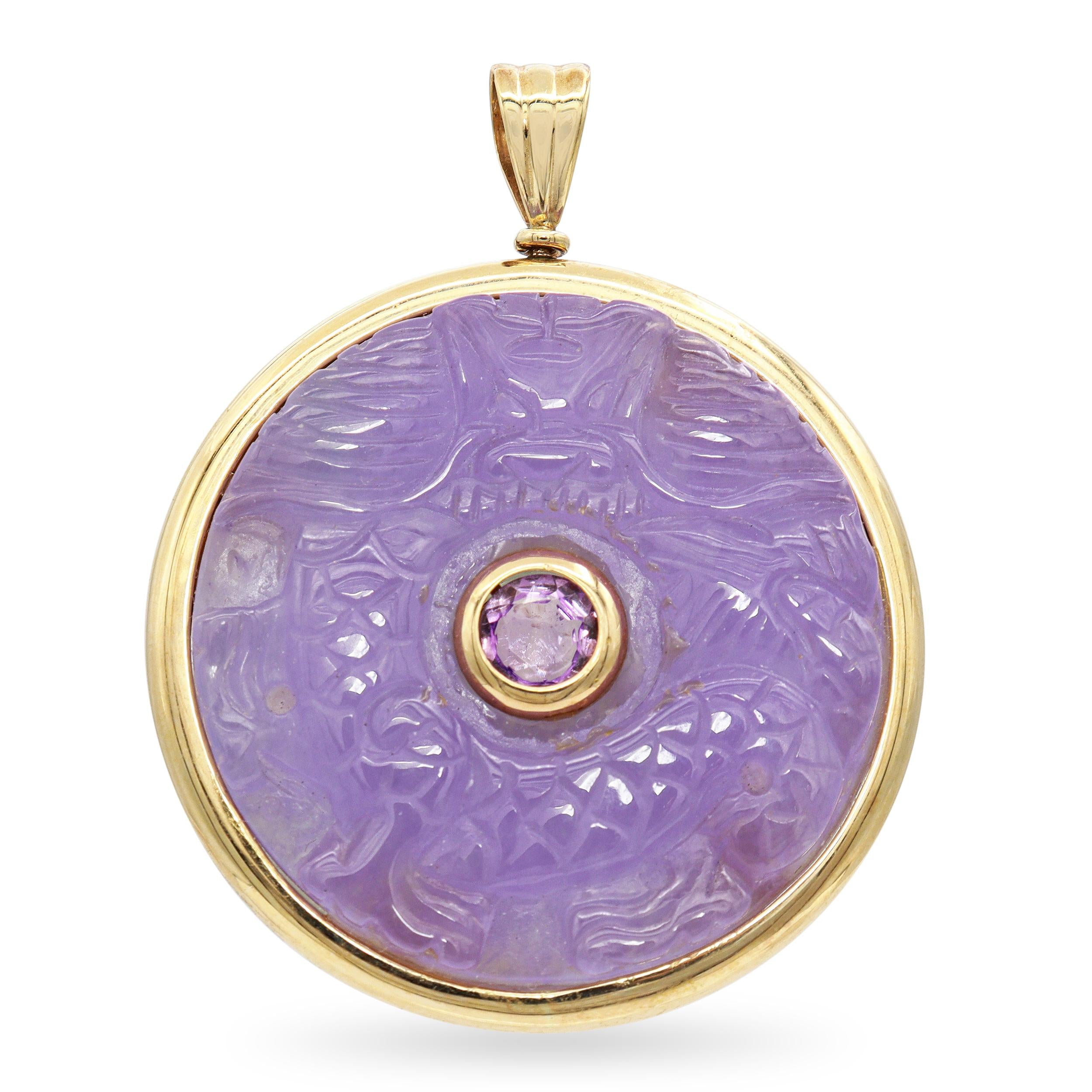 Vintage 14K Yellow Gold Reversible Carved Jade Peridot Amethyst Dragon Pendant
