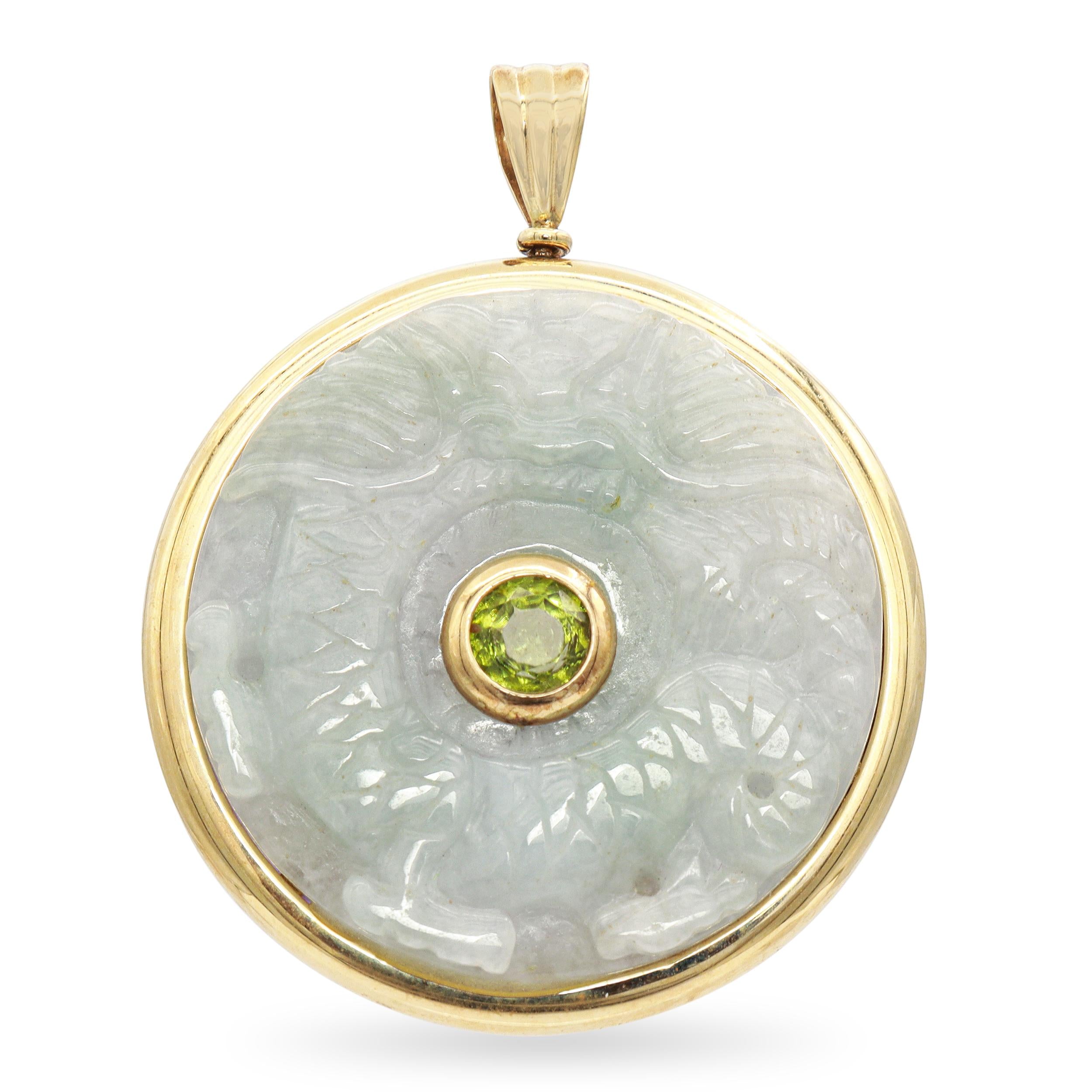 Vintage 14K Yellow Gold Reversible Carved Jade Peridot Amethyst Dragon Pendant