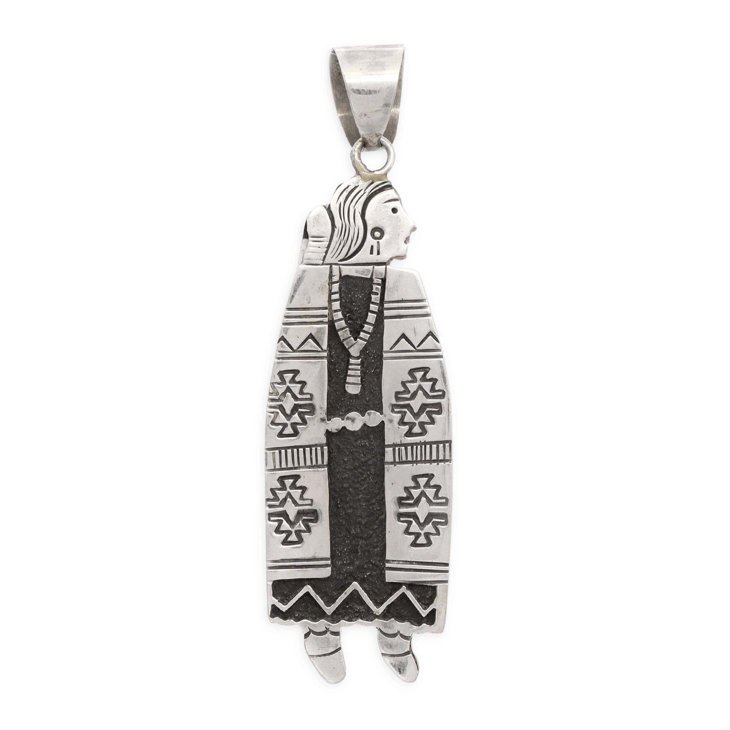 Native American Zuni Sterling Silver Mosaic Inlay Reversible Maiden Pendant