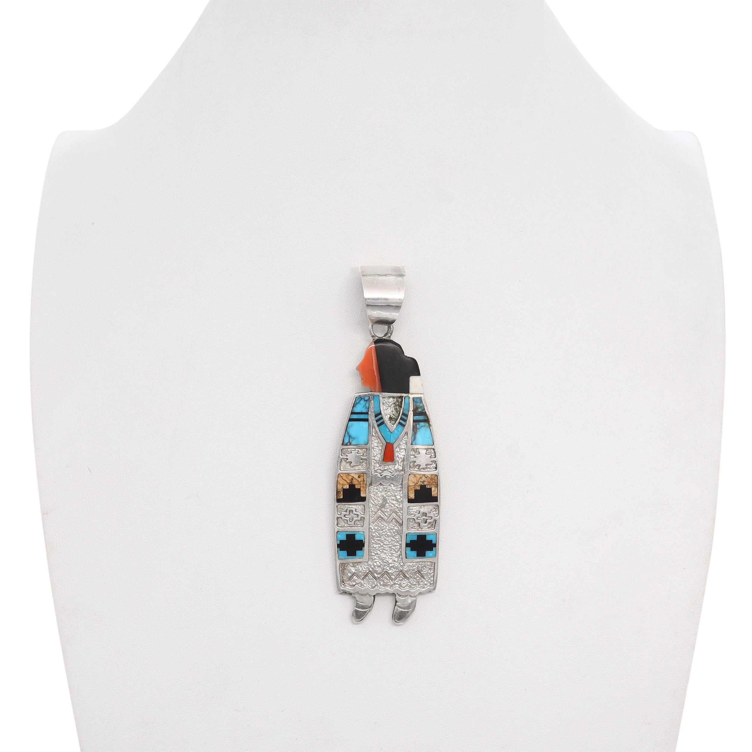 Native American Zuni Sterling Silver Mosaic Inlay Reversible Maiden Pendant
