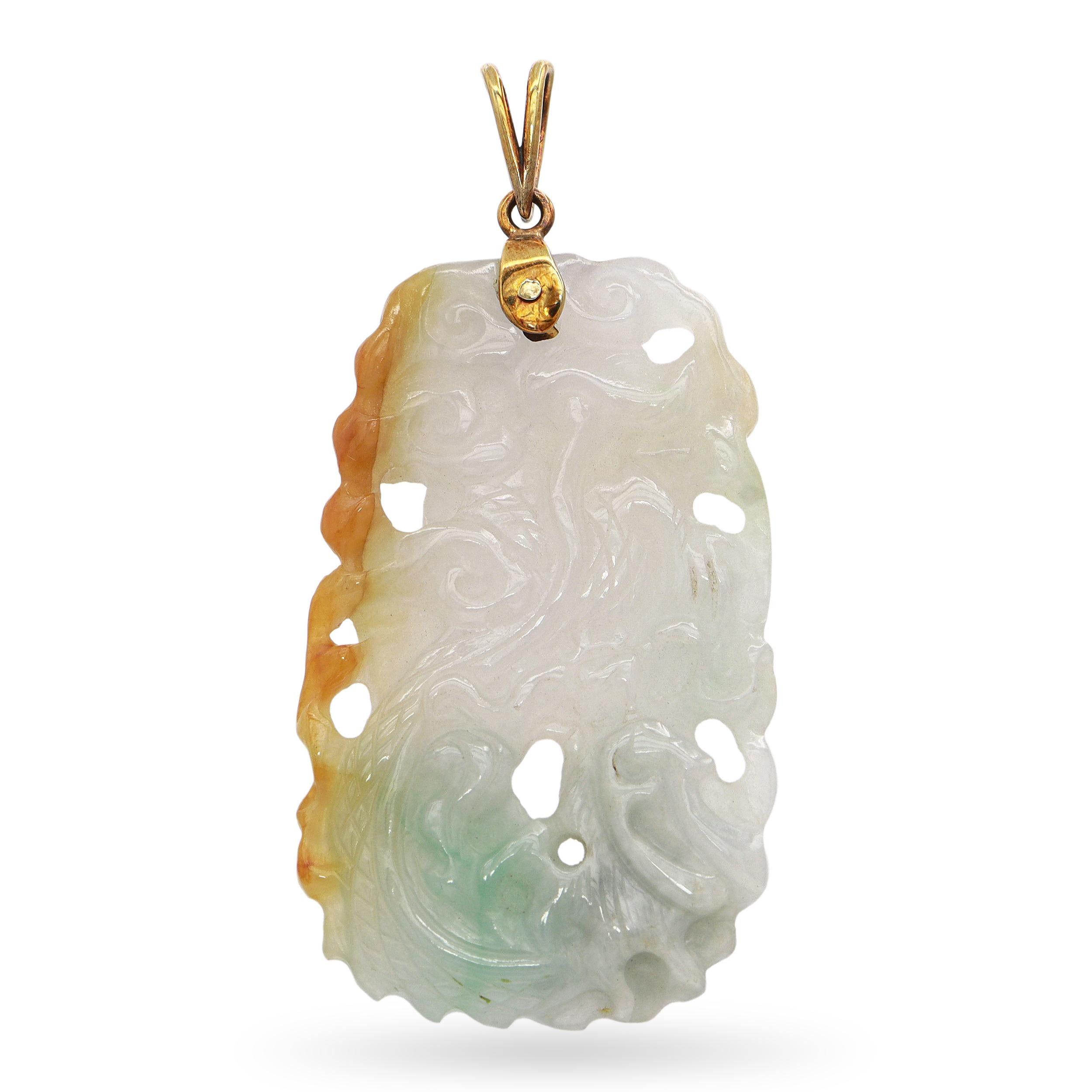 Vintage 14K Yellow Gold Carved Mottled Jade Phoenix Pendant