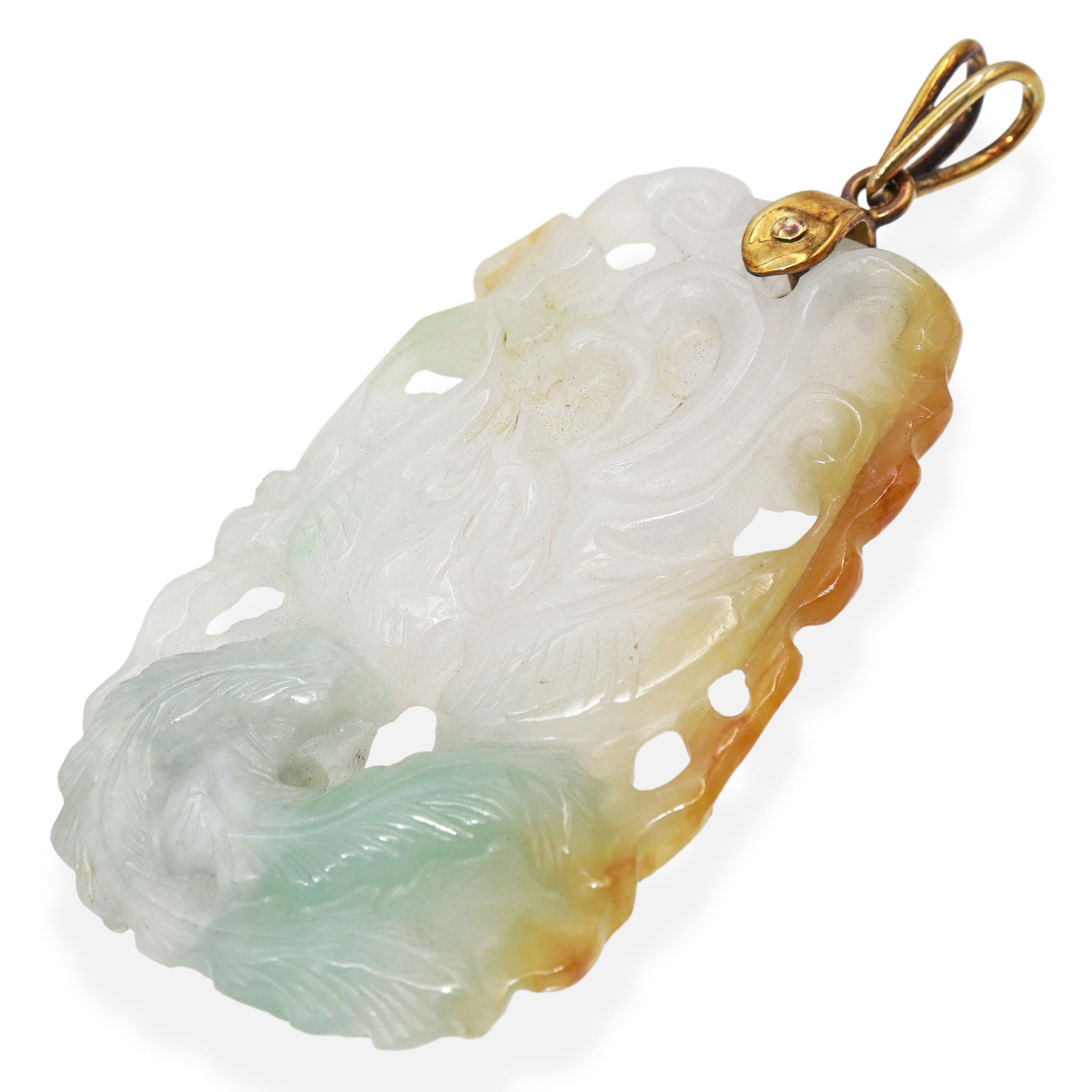 Vintage 14K Yellow Gold Carved Mottled Jade Phoenix Pendant