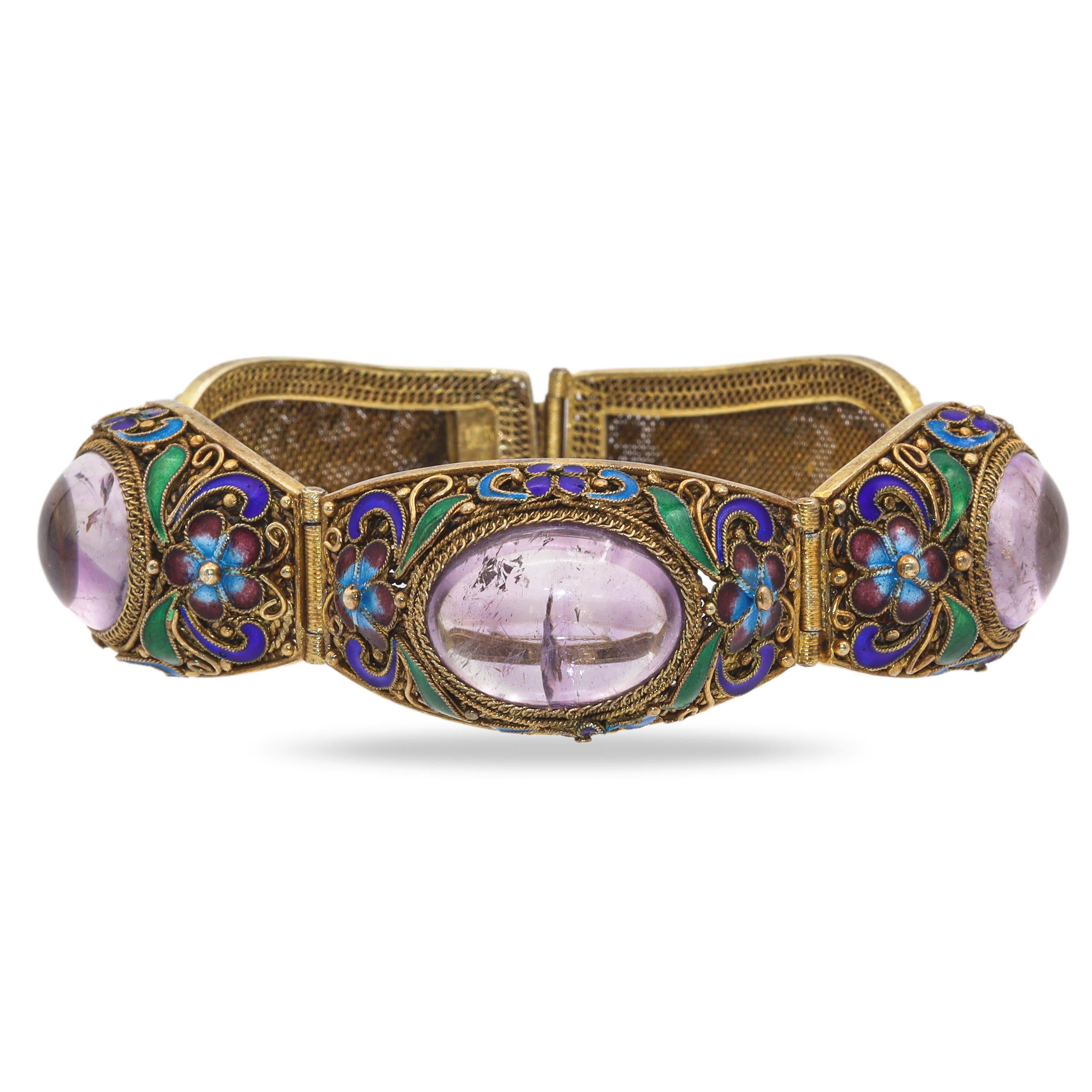 Antique Chinese Export Gilt Amethyst Filigree Enamel Bracelet