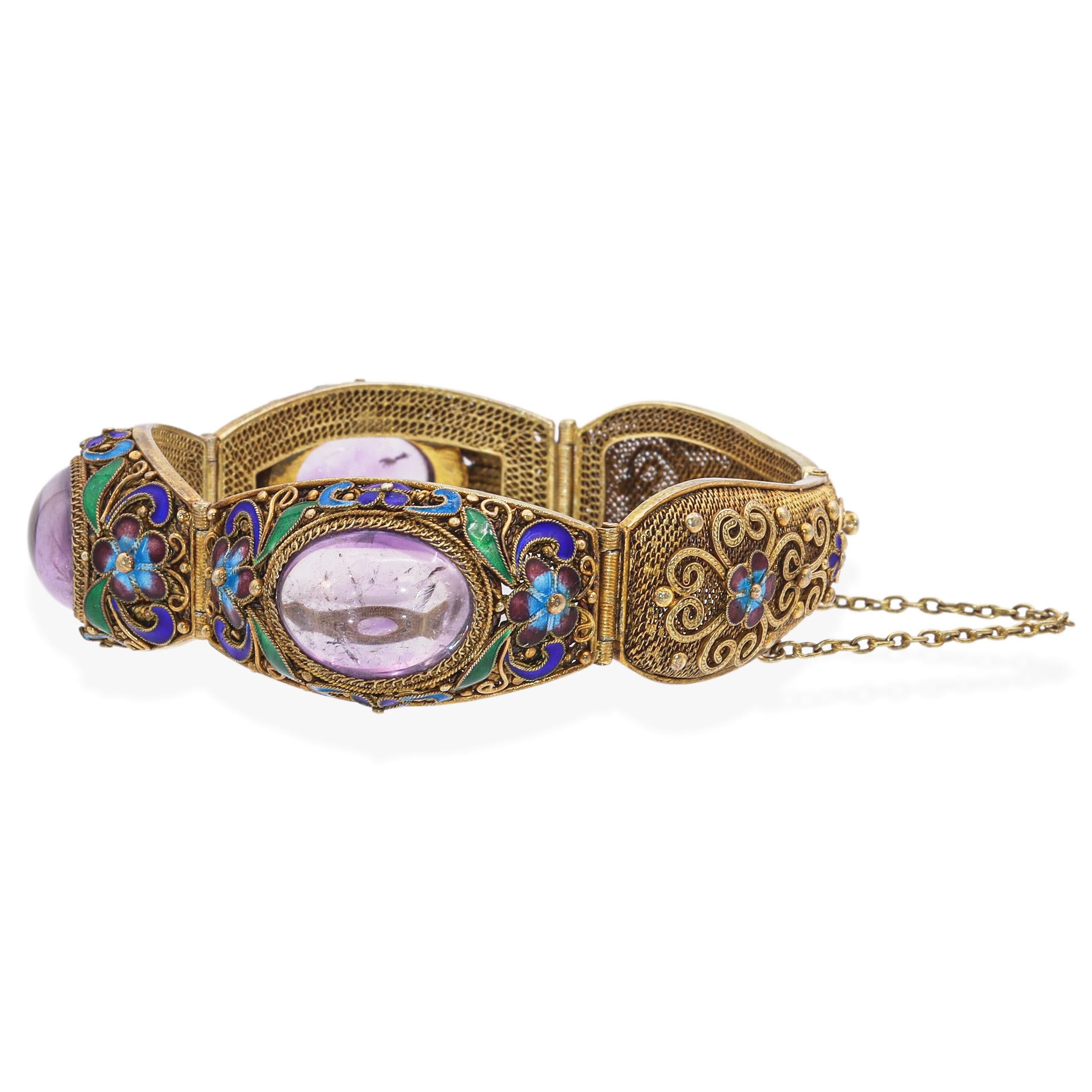 Antique Chinese Export Gilt Amethyst Filigree Enamel Bracelet