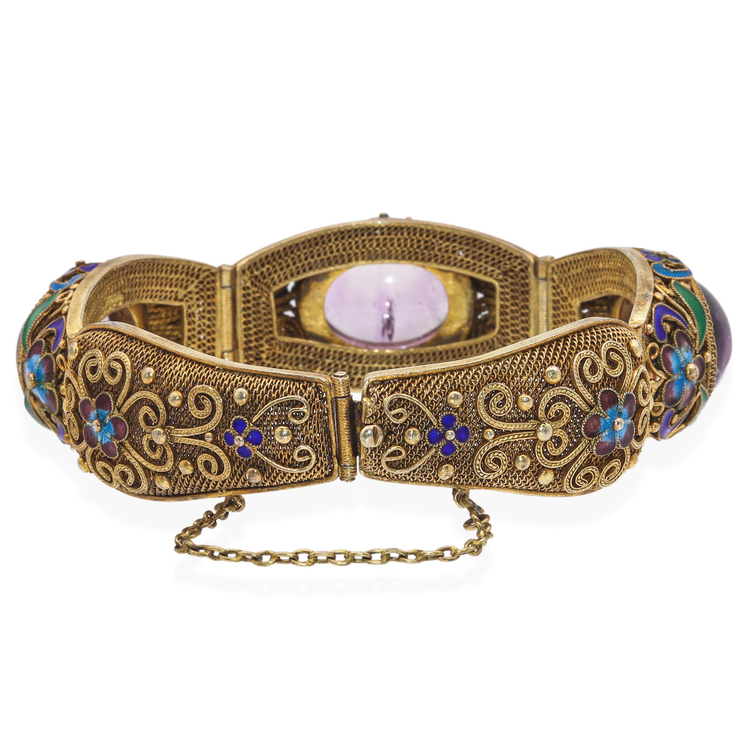 Antique Chinese Export Gilt Amethyst Filigree Enamel Bracelet