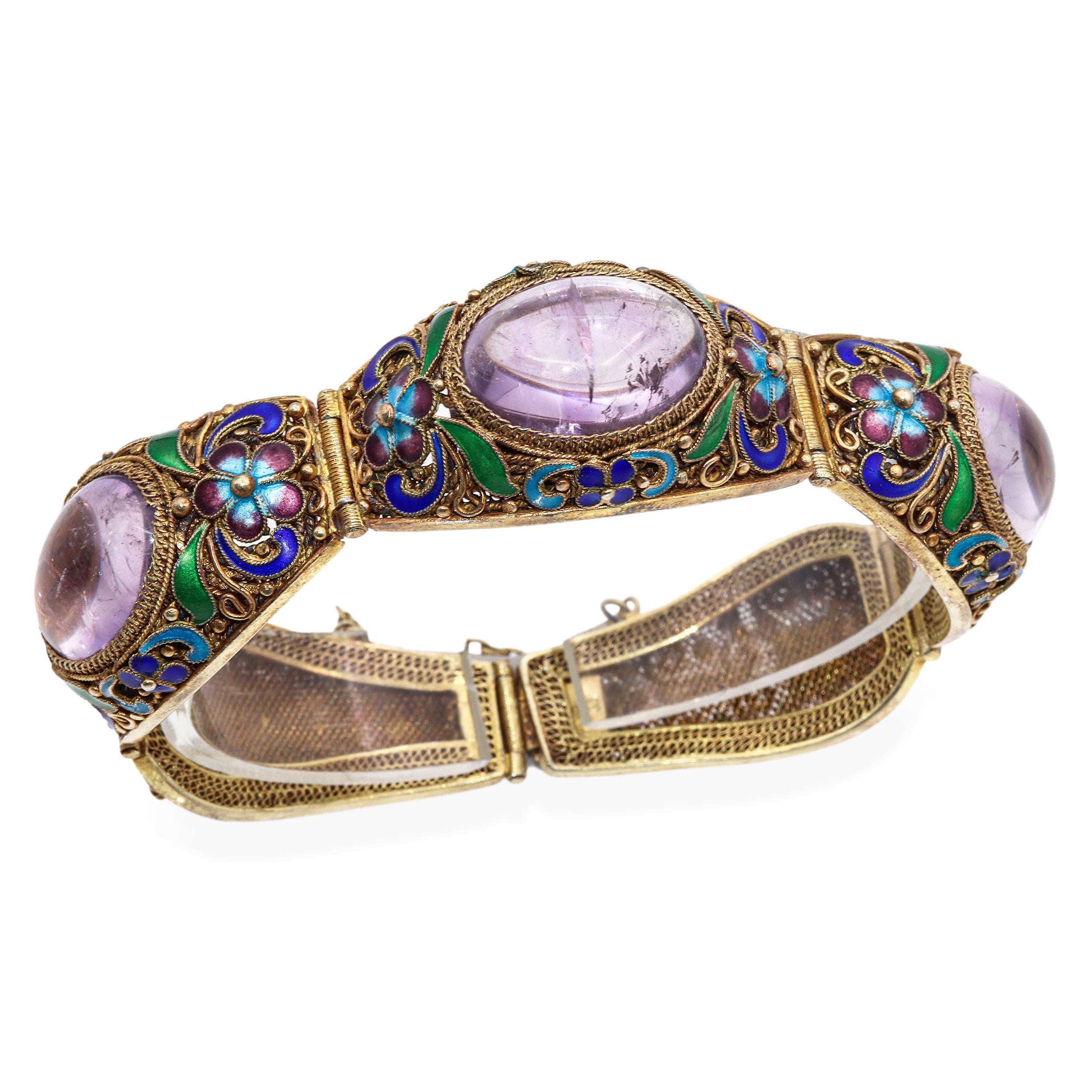 Antique Chinese Export Gilt Amethyst Filigree Enamel Bracelet