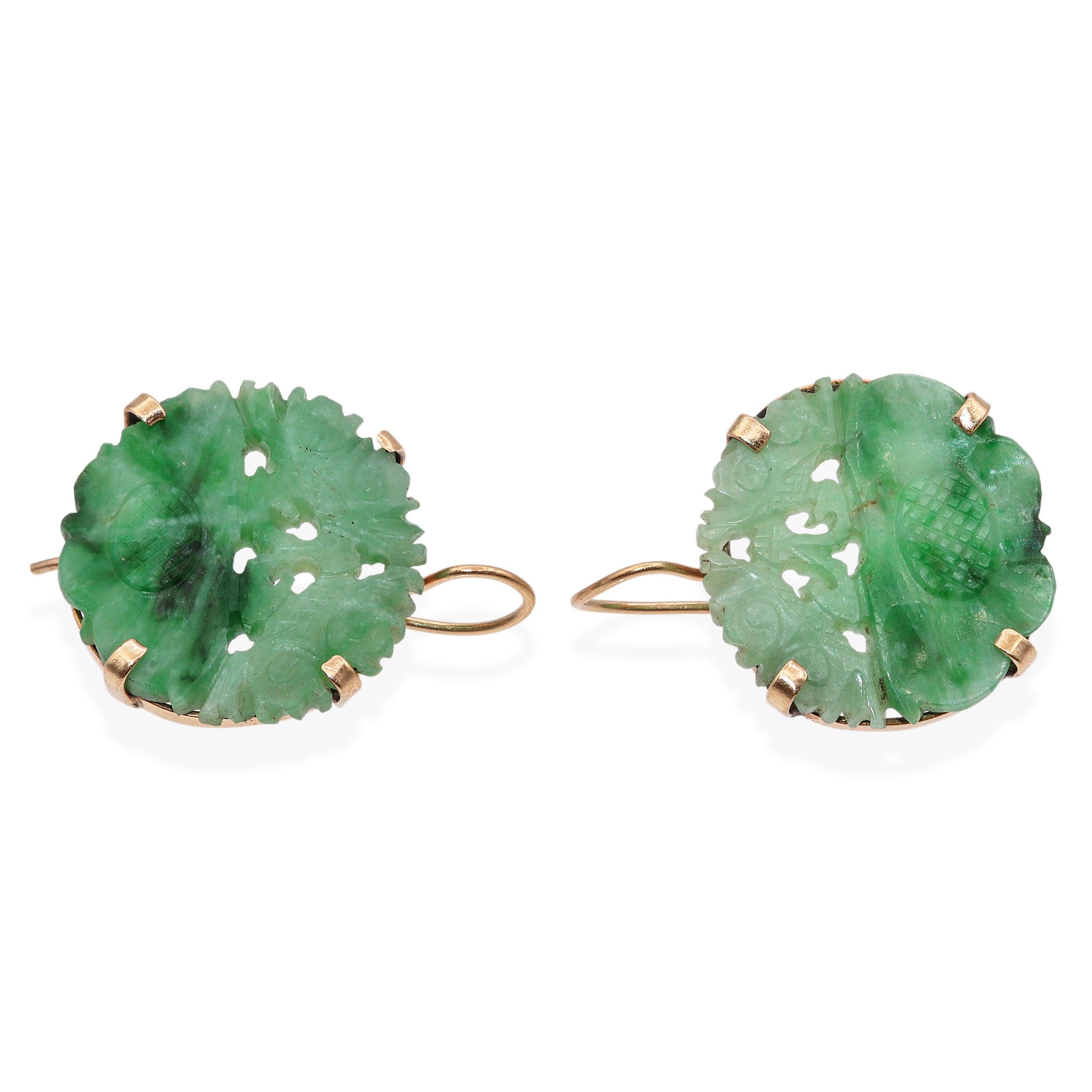 Vintage 14K Yellow Gold Carved Jade Earrings