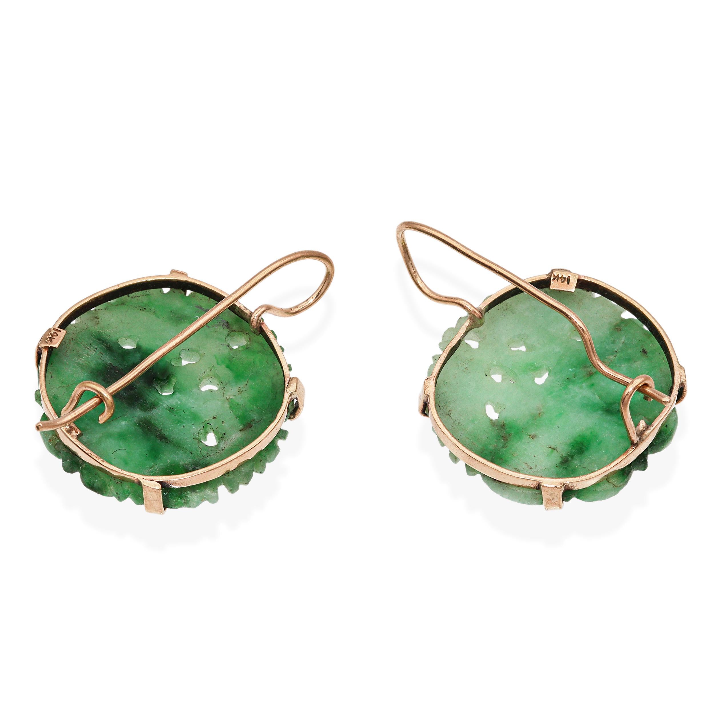 Vintage 14K Yellow Gold Carved Jade Earrings