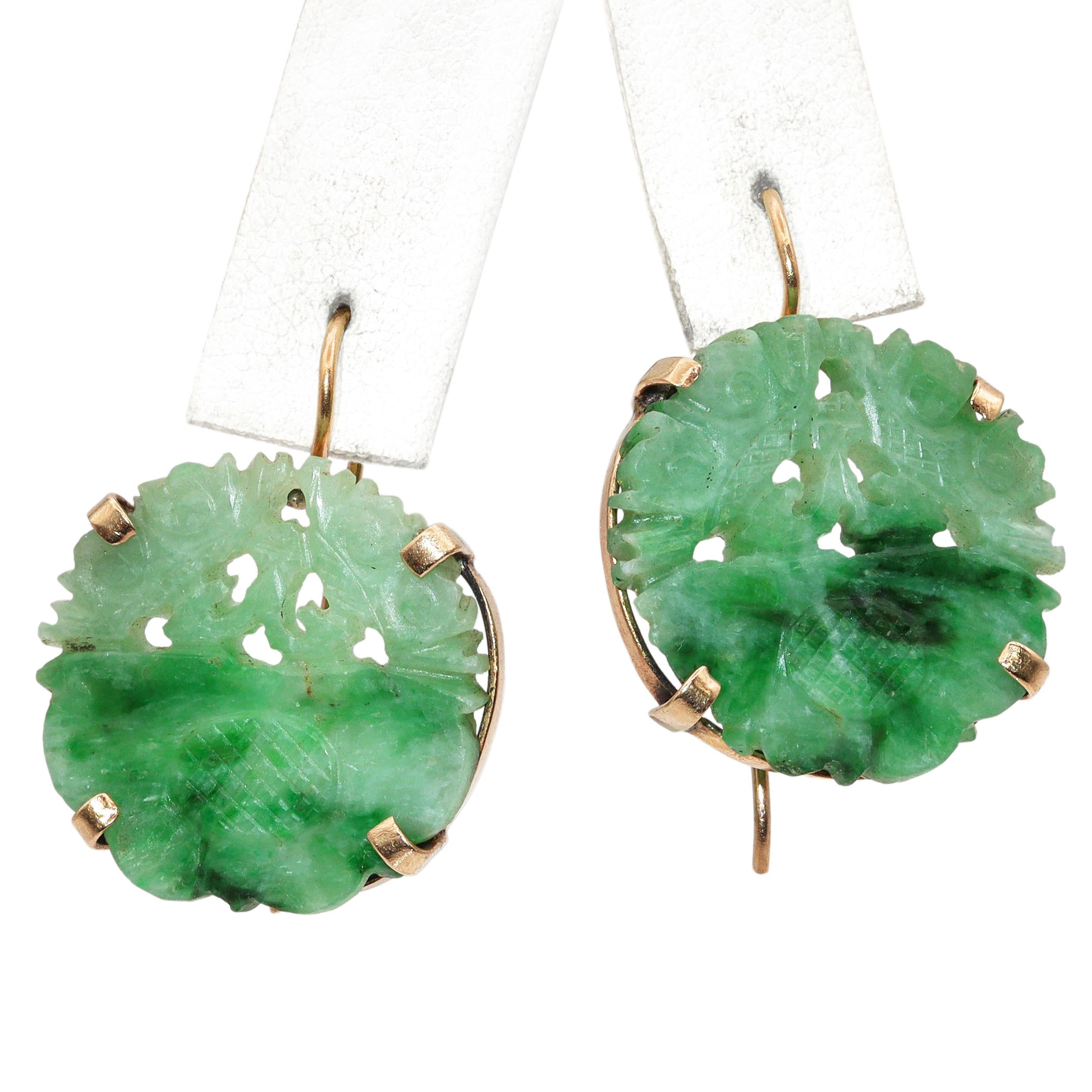 Vintage 14K Yellow Gold Carved Jade Earrings