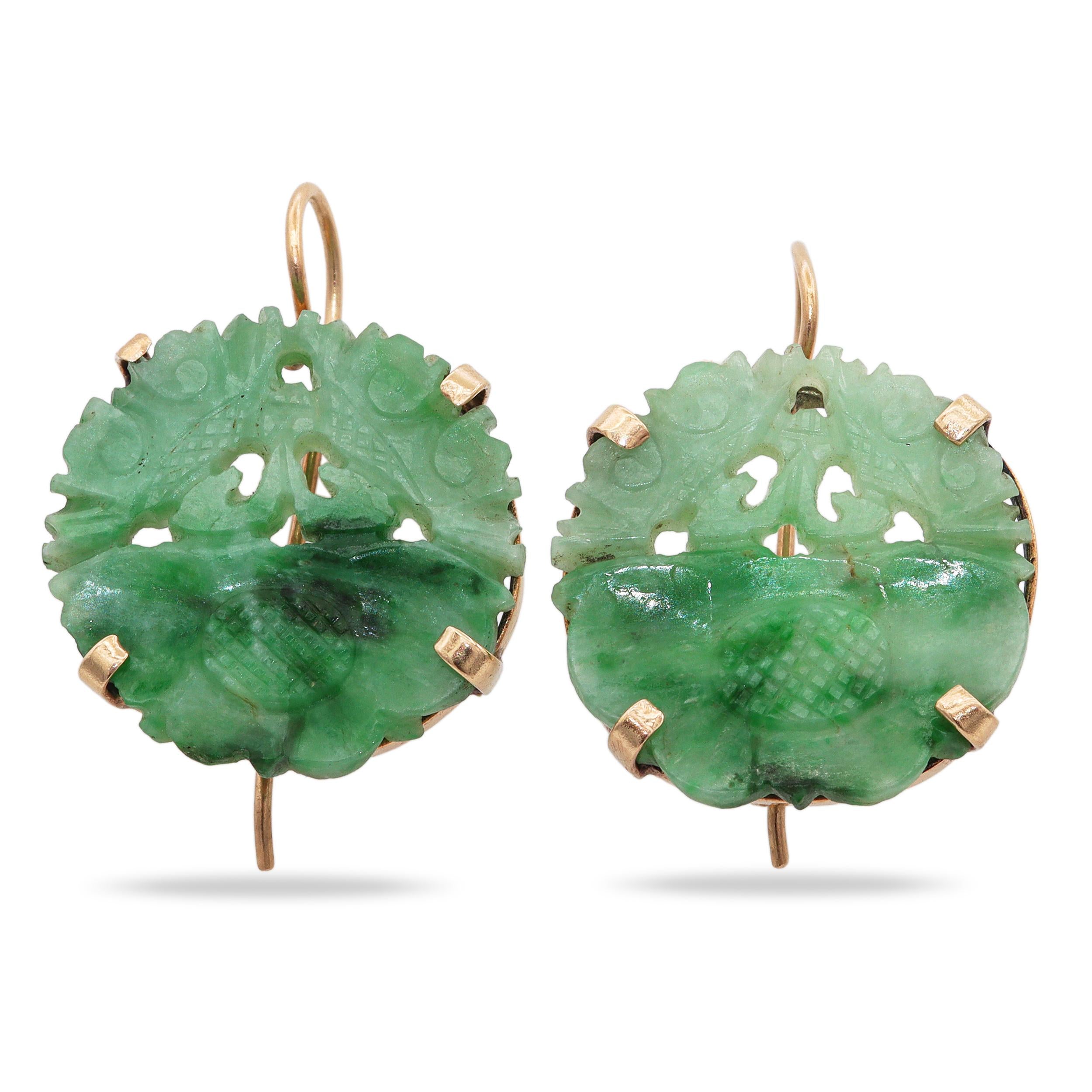 Vintage 14K Yellow Gold Carved Jade Earrings