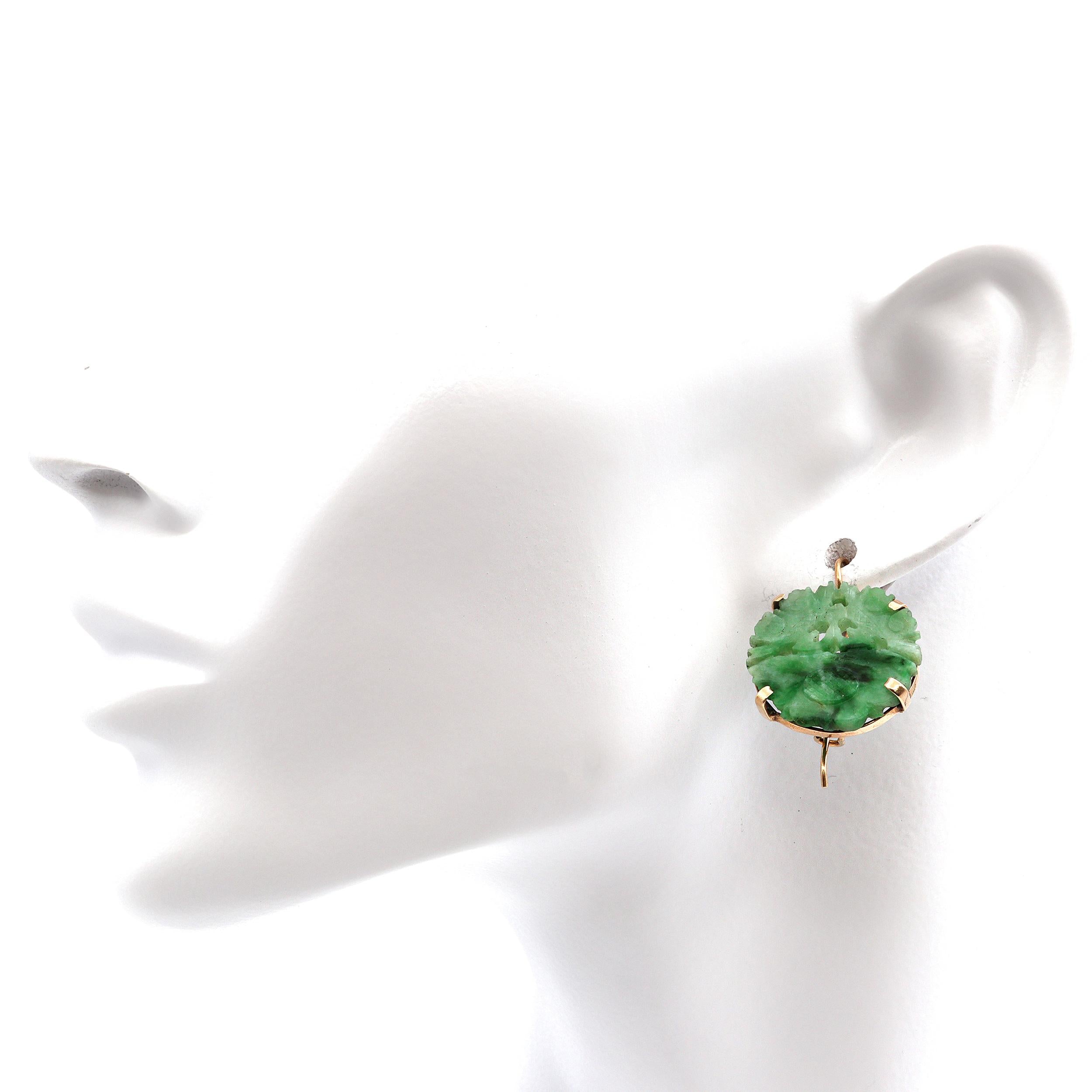 Vintage 14K Yellow Gold Carved Jade Earrings