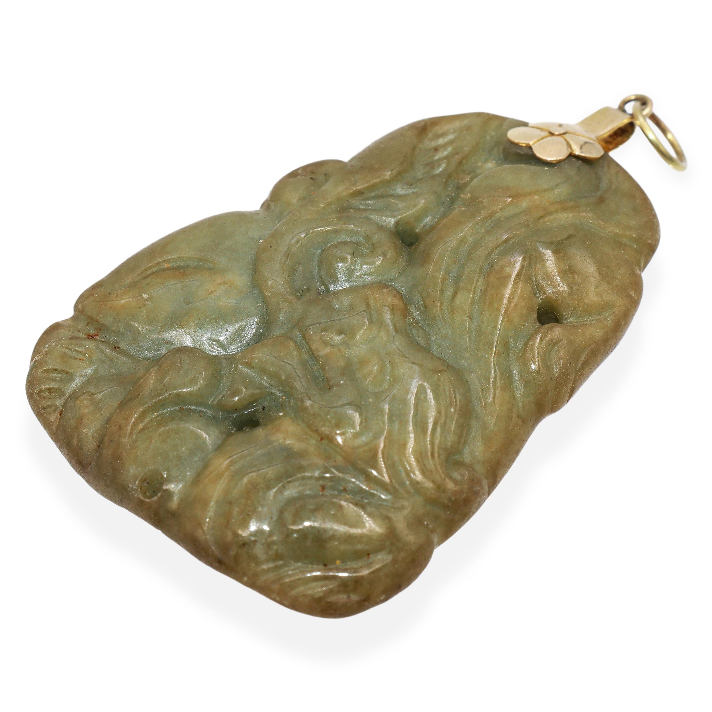 Vintage 14K Yellow Gold Carved Green Jade Gourd & Coin Pendant