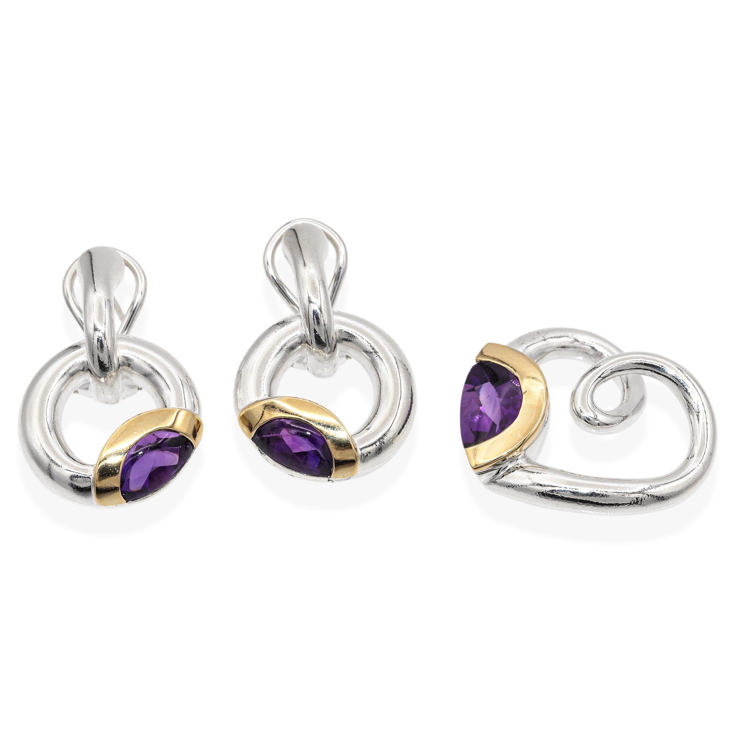 Movado Sterling Silver 18k Yellow Gold Amethyst Pendant and Earrings Set