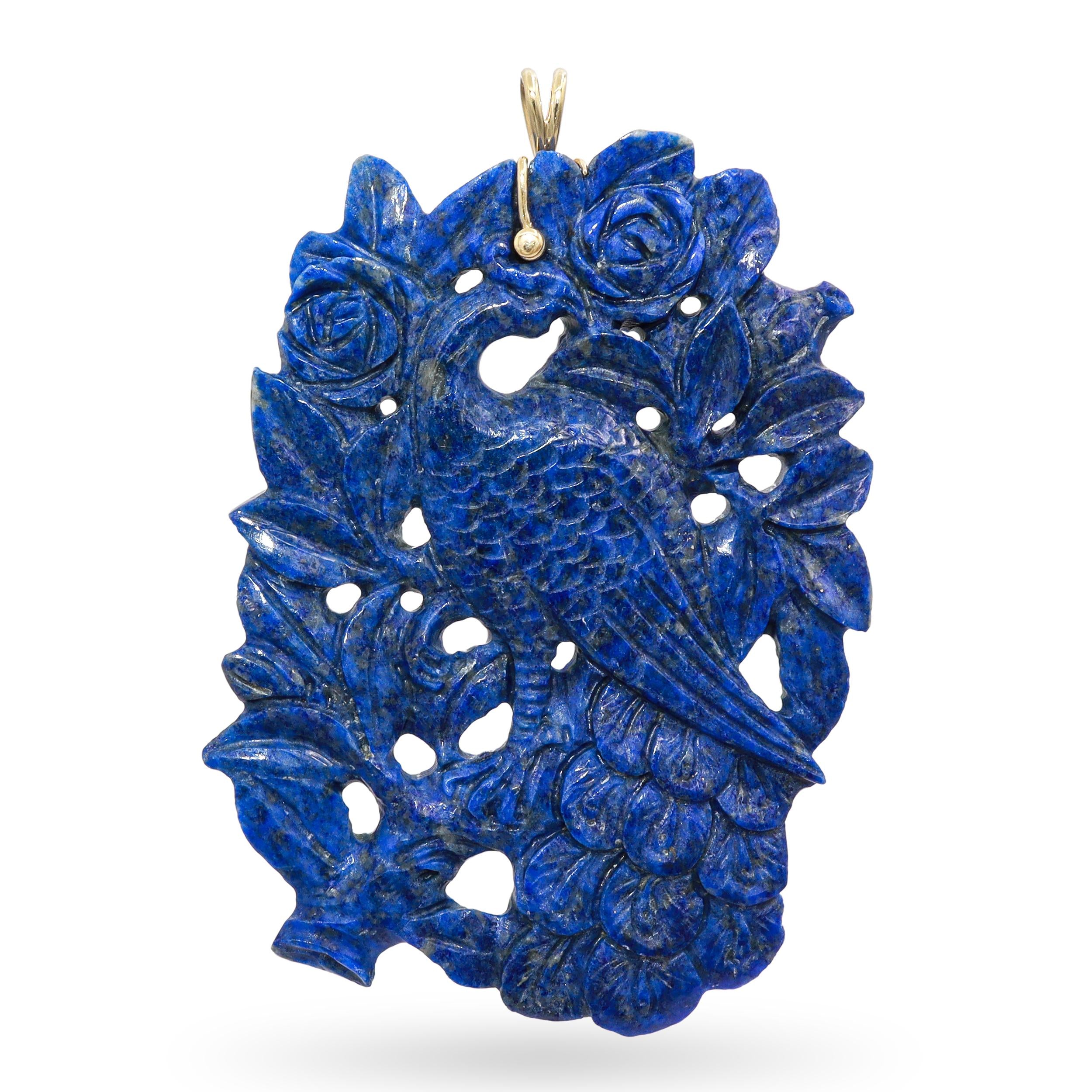 Vintage 14K Yellow Gold Carved Lapis Lazuli Peacock Pendant