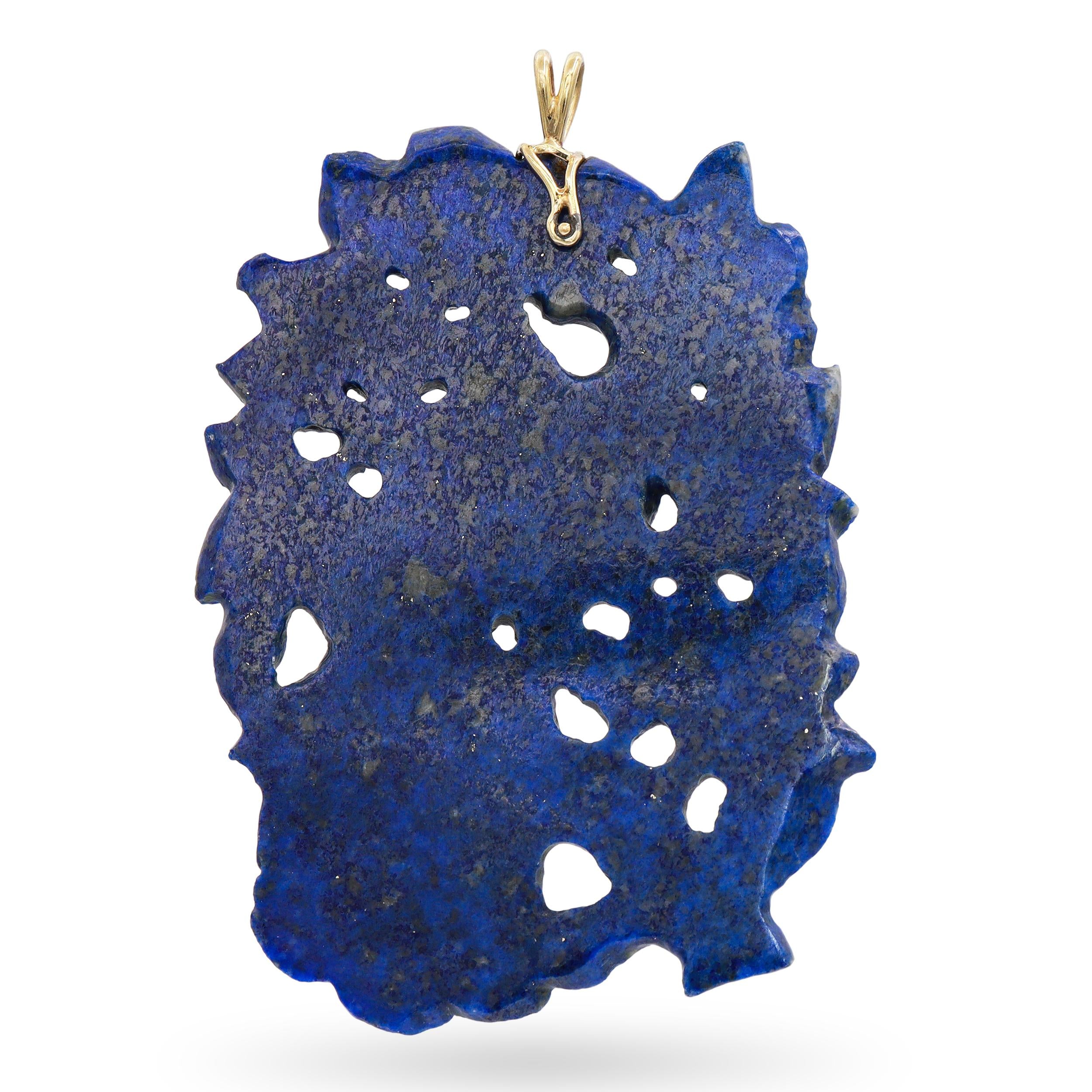 Vintage 14K Yellow Gold Carved Lapis Lazuli Peacock Pendant