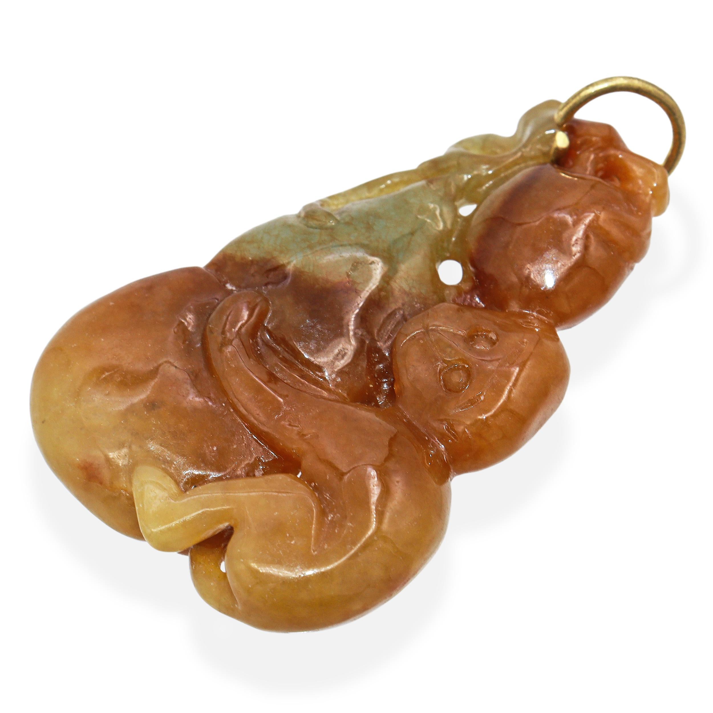 Vintage Carved Mottled Jade Monkey & Gourd Pendant