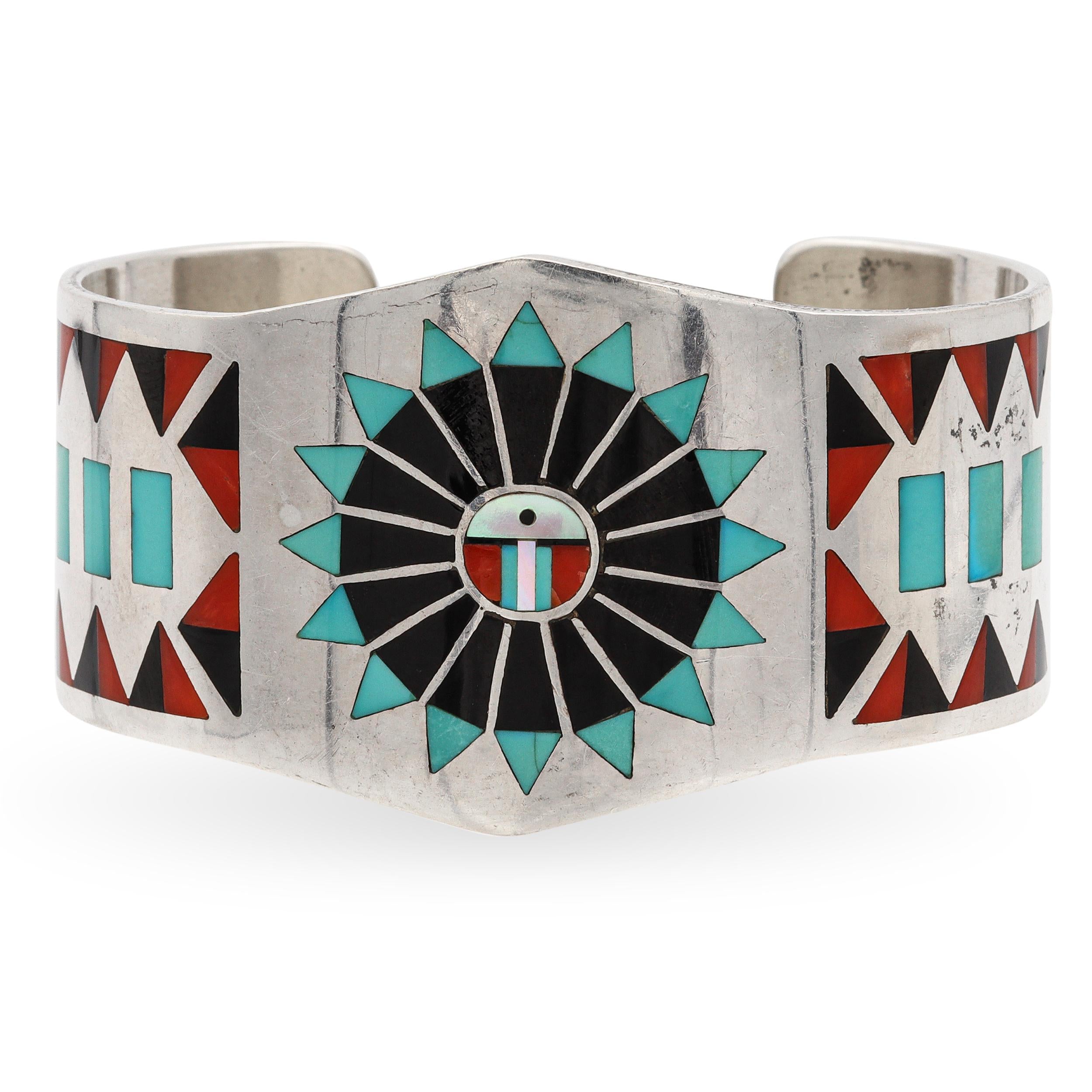 Vintage Zuni F.L. Natachu Signed Sterling Silver Multi-Stone Inlay Cuff Bracelet