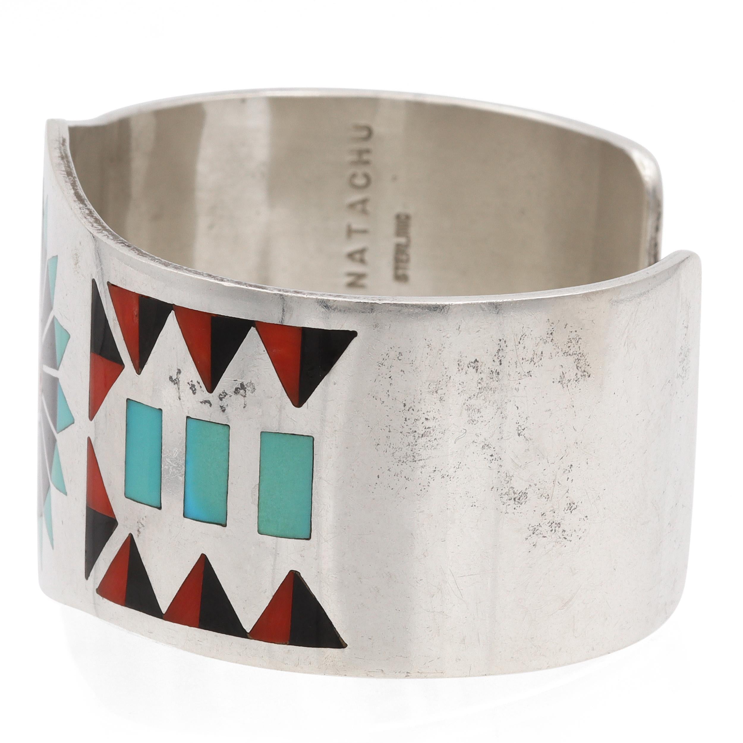 Vintage Zuni F.L. Natachu Signed Sterling Silver Multi-Stone Inlay Cuff Bracelet