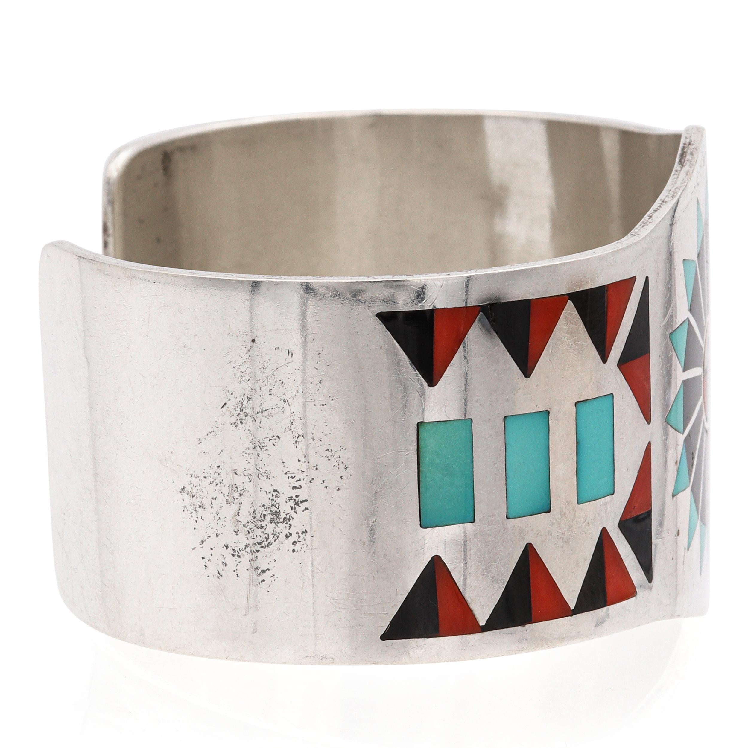 Vintage Zuni F.L. Natachu Signed Sterling Silver Multi-Stone Inlay Cuff Bracelet