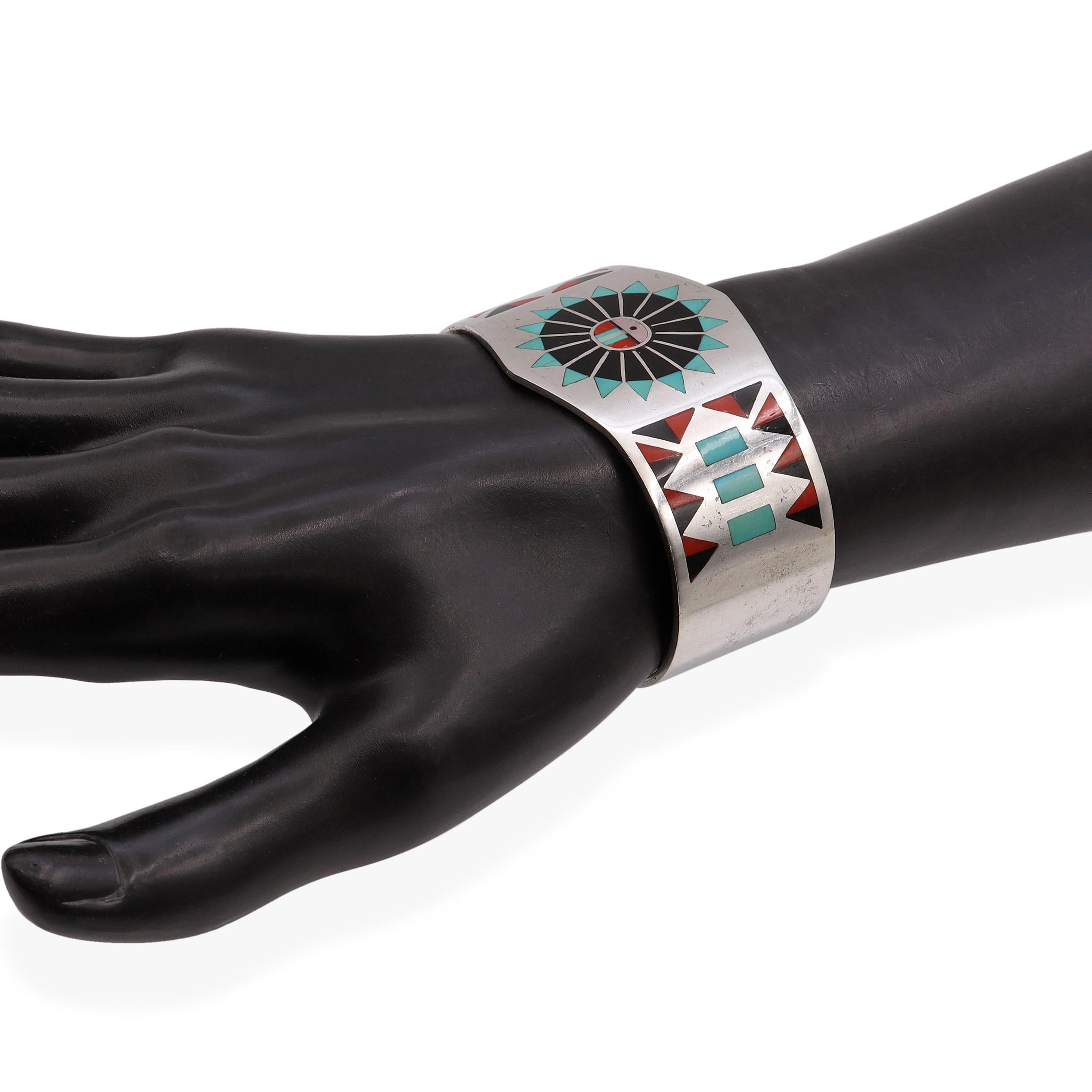 Vintage Zuni F.L. Natachu Signed Sterling Silver Multi-Stone Inlay Cuff Bracelet