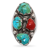 Vintage Native American Sterling Silver Turquoise & Red Coral Statement Ring