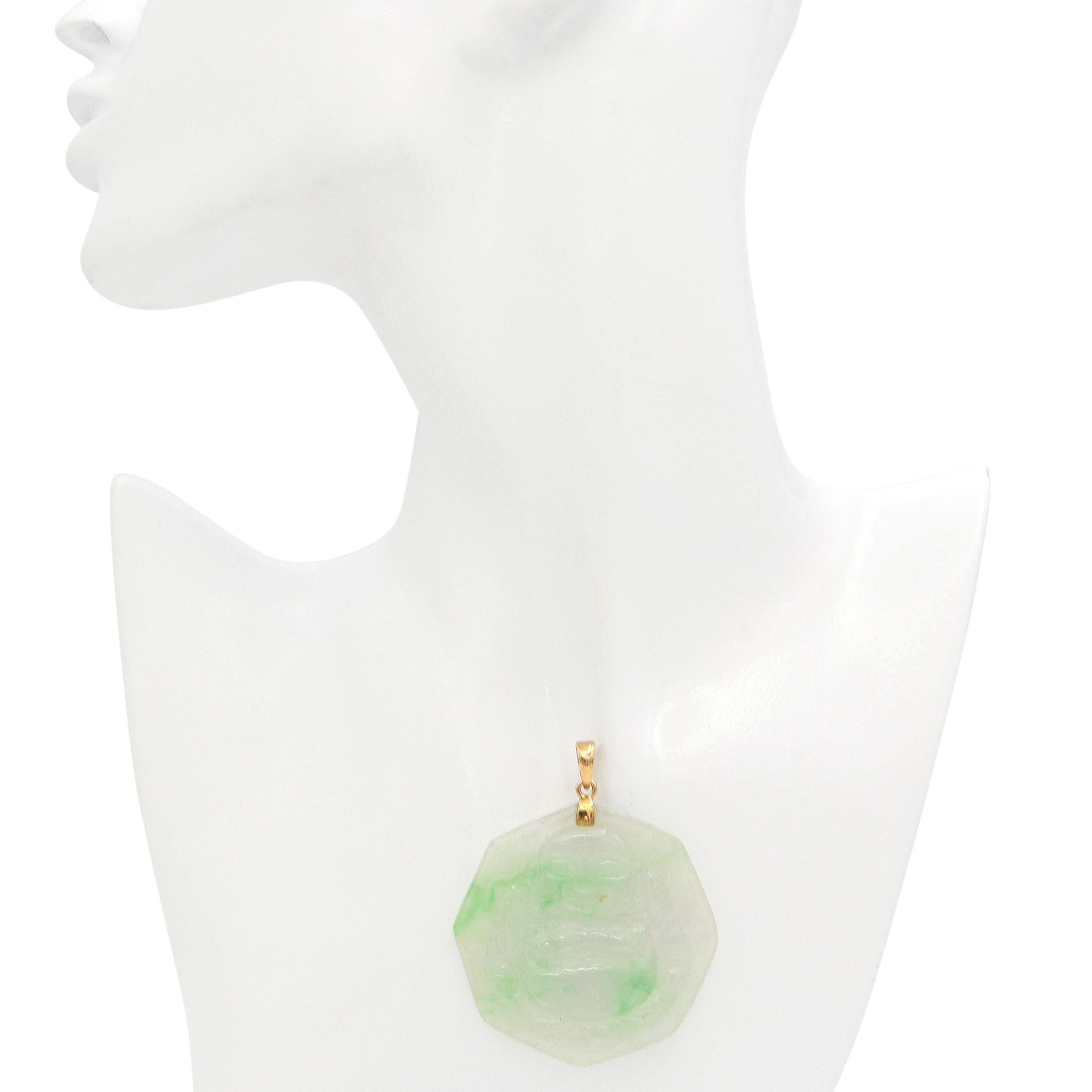 Vintage 14K Yellow Gold Carved Mottled Jade Buddha Pendant
