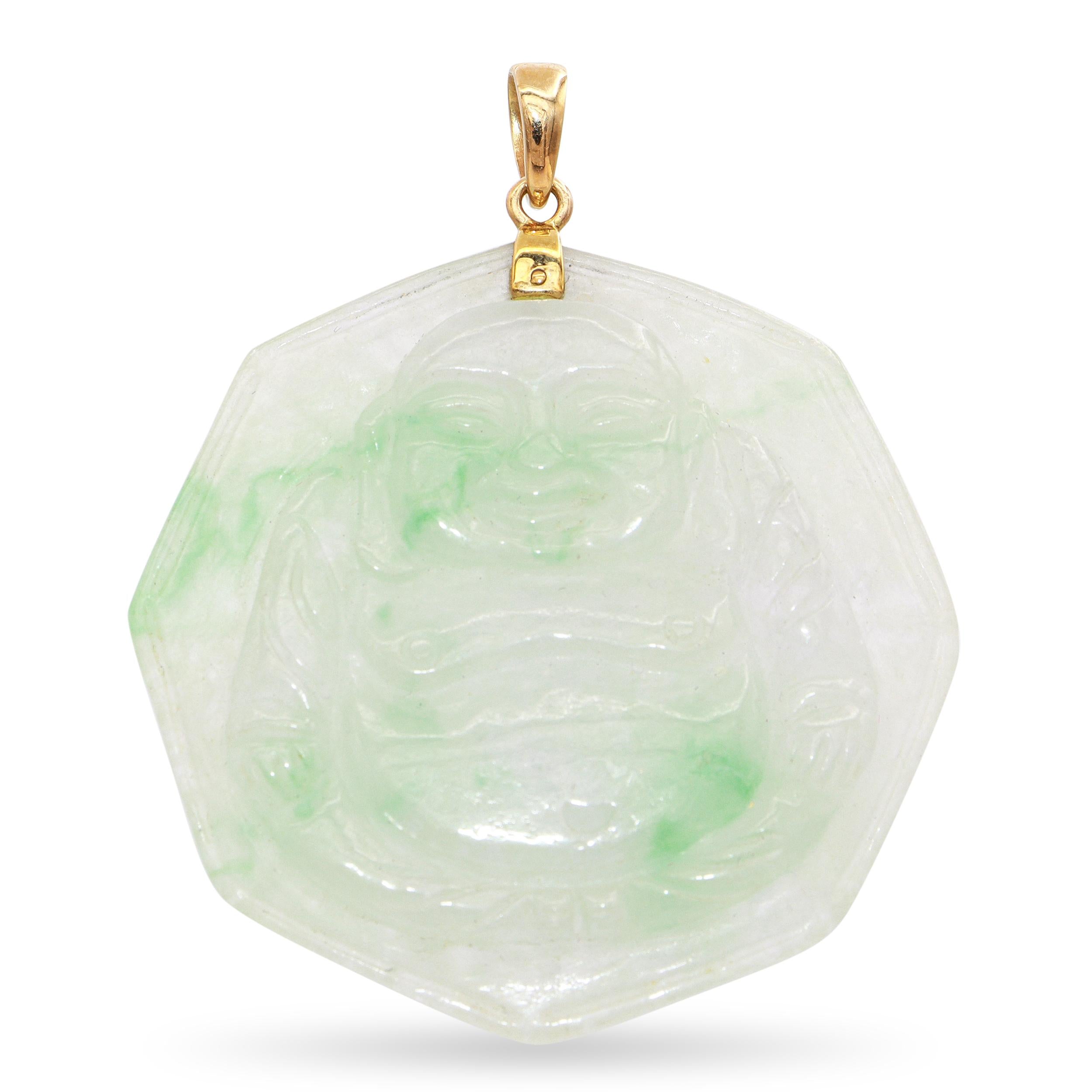 Vintage 14K Yellow Gold Carved Mottled Jade Buddha Pendant