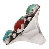 Vintage Native American Sterling Silver Turquoise & Red Coral Statement Ring