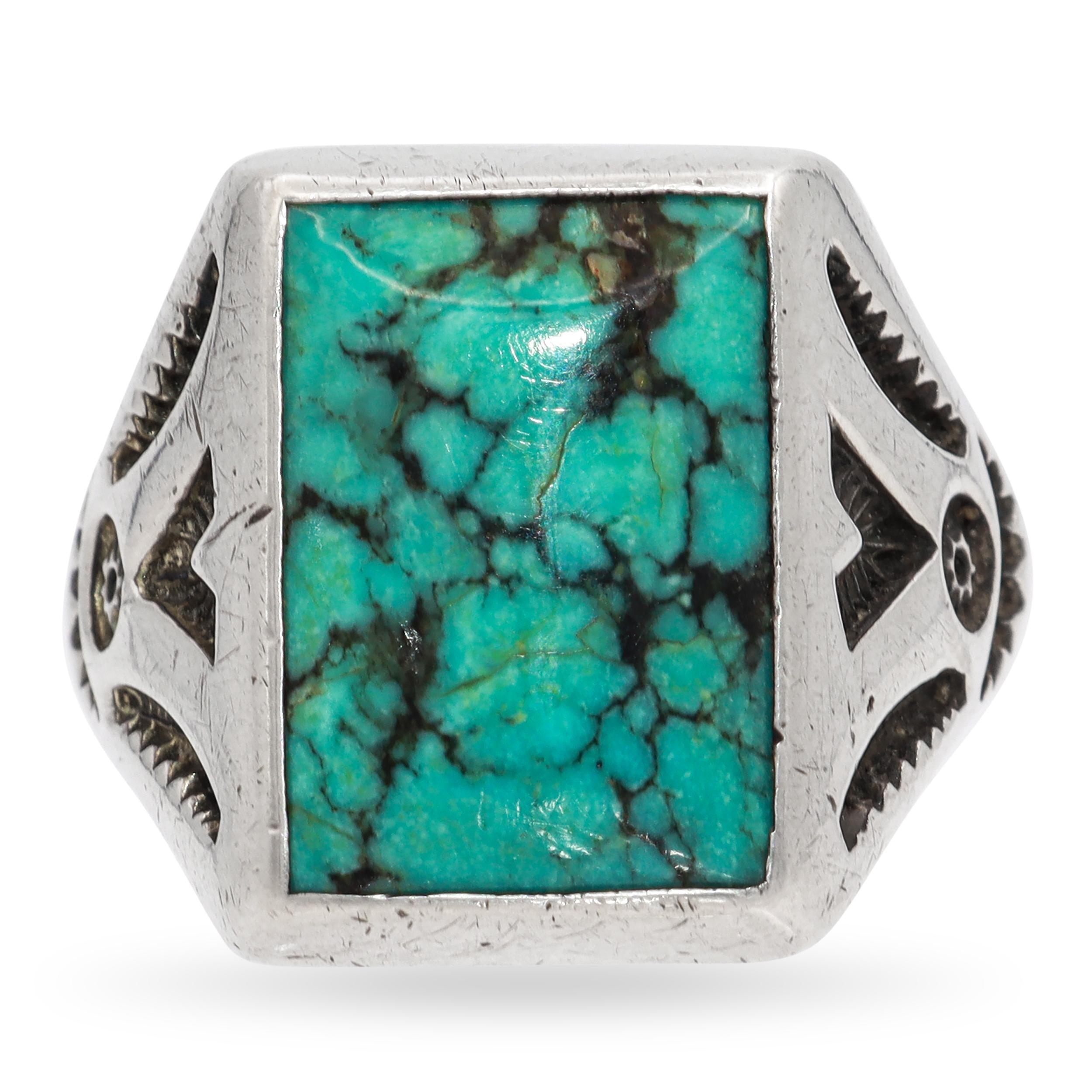 Vintage Southwestern Sterling Silver Turquoise Signet Ring