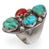 Vintage Native American Sterling Silver Turquoise & Red Coral Statement Ring