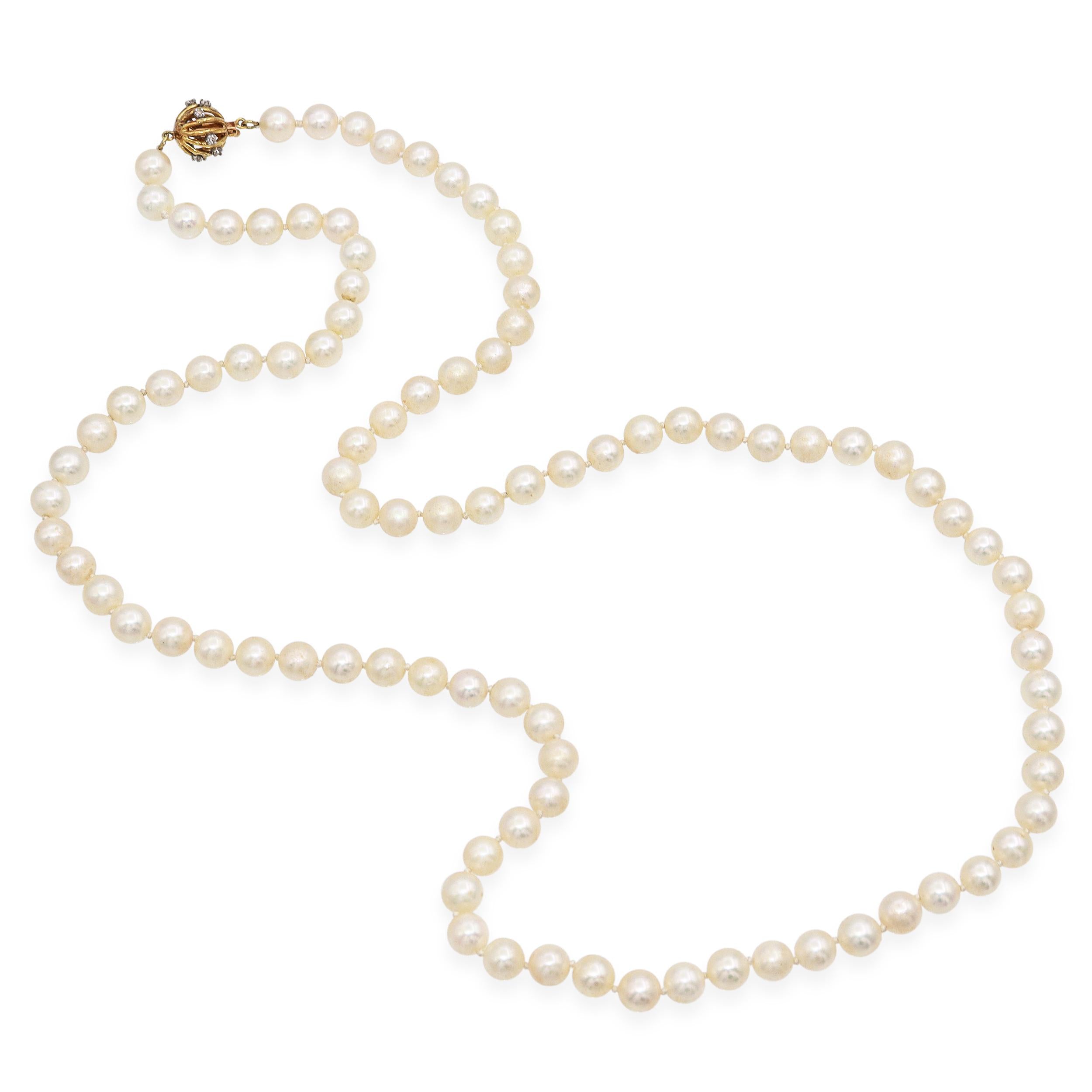 Vintage 14K Yellow Gold Pearl Beaded Strand Necklace with Diamond Clasp