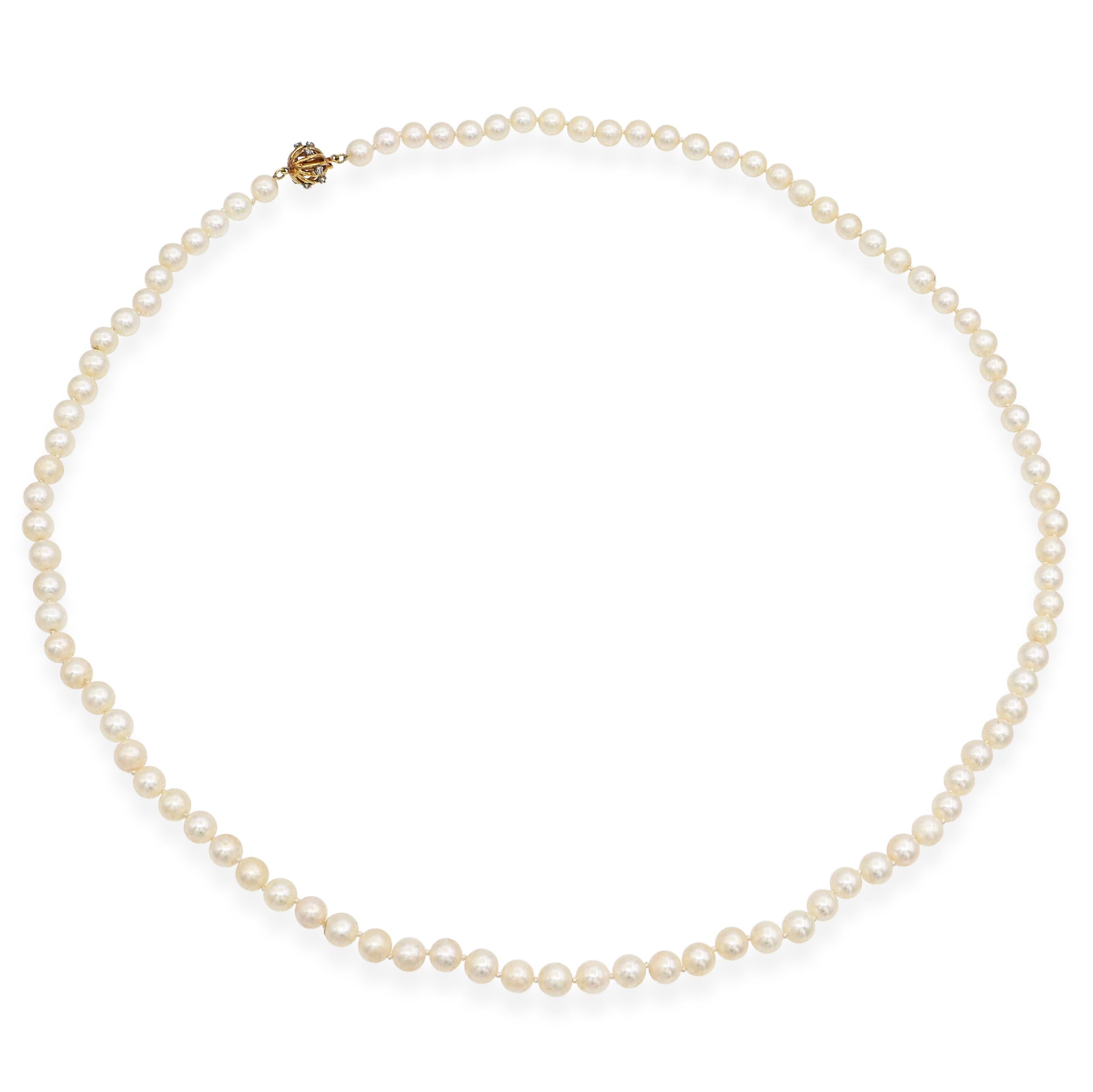 Vintage 14K Yellow Gold Pearl Beaded Strand Necklace with Diamond Clasp