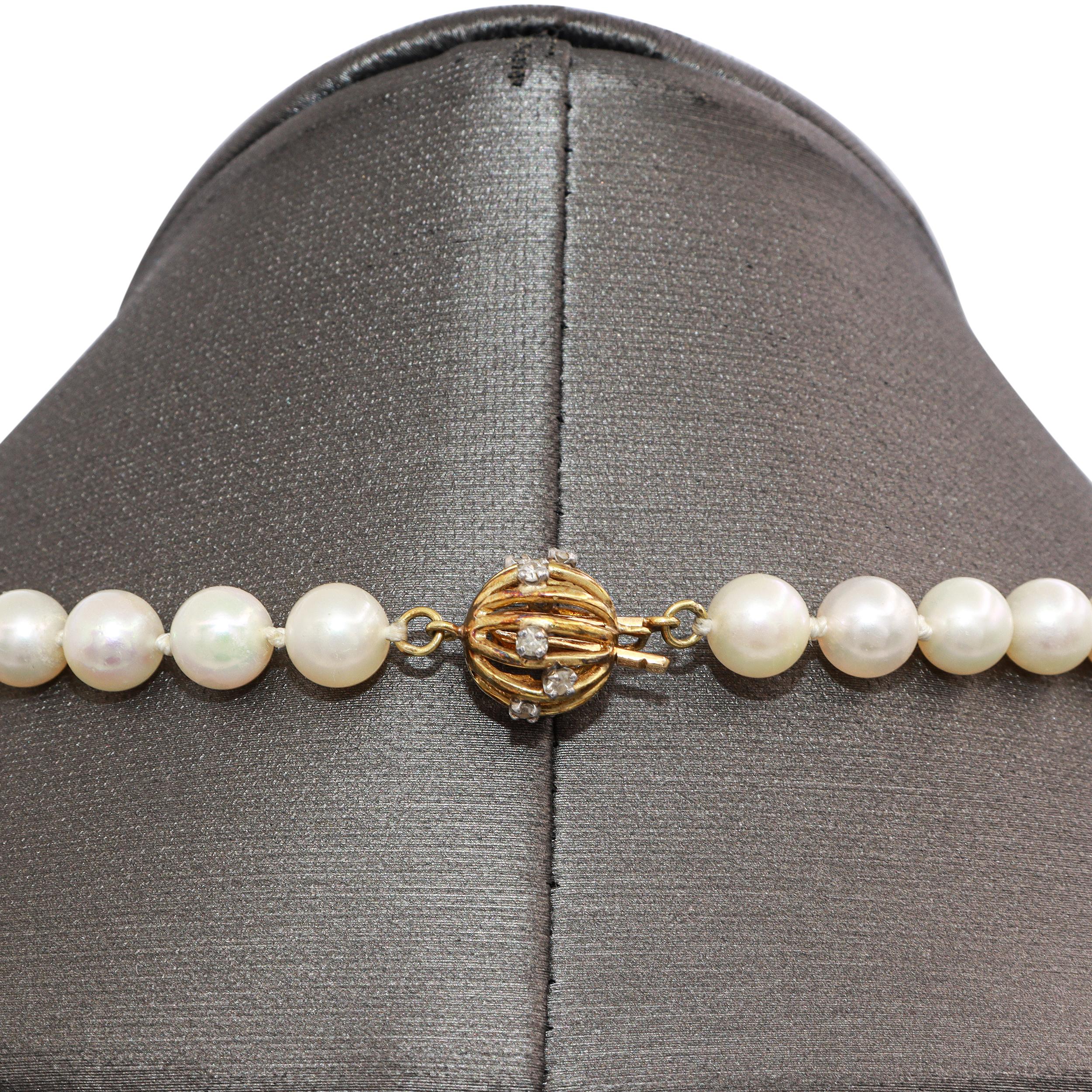 Vintage 14K Yellow Gold Pearl Beaded Strand Necklace with Diamond Clasp