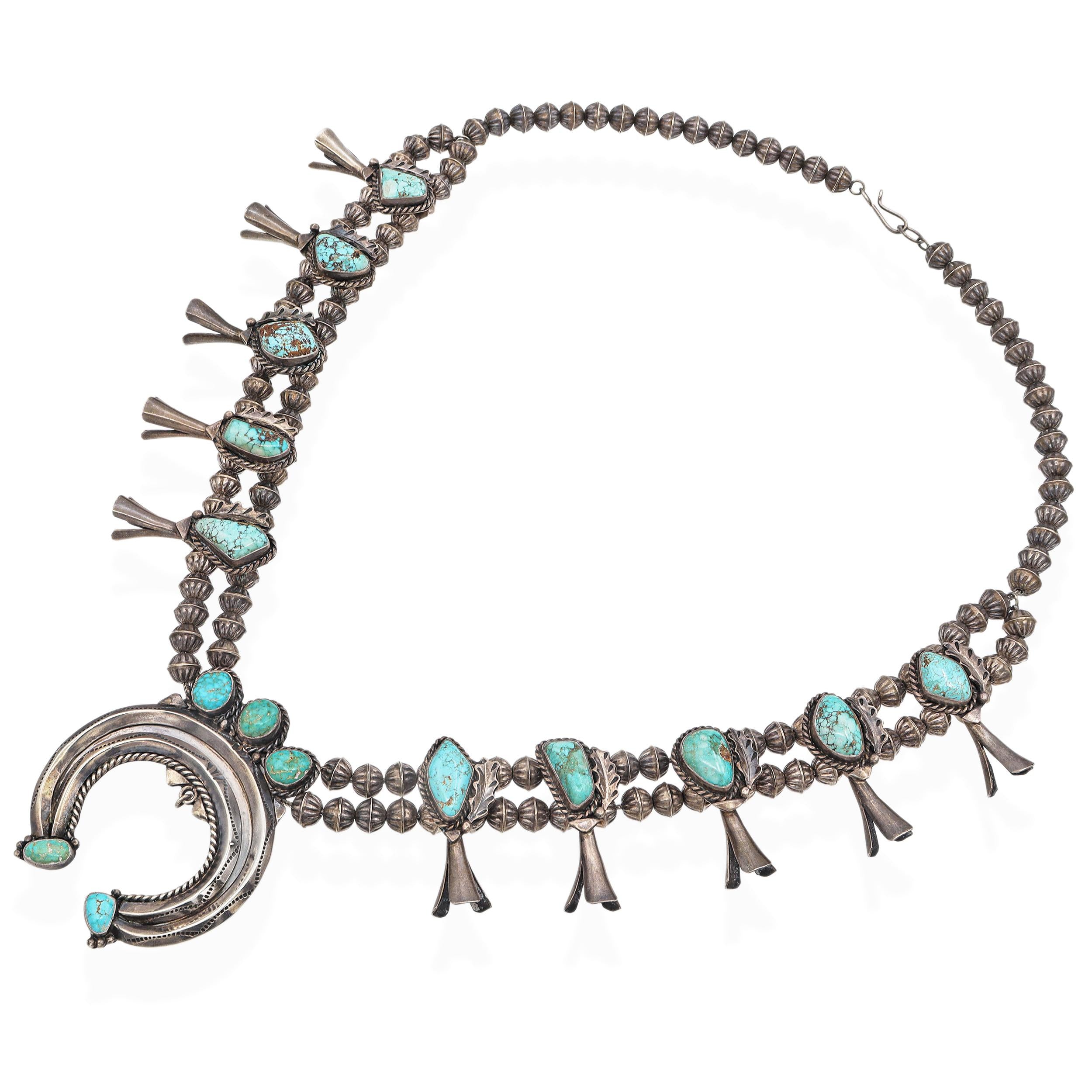 Vintage Navajo Southwestern Sterling Silver Turquoise Squash Blossom Necklace