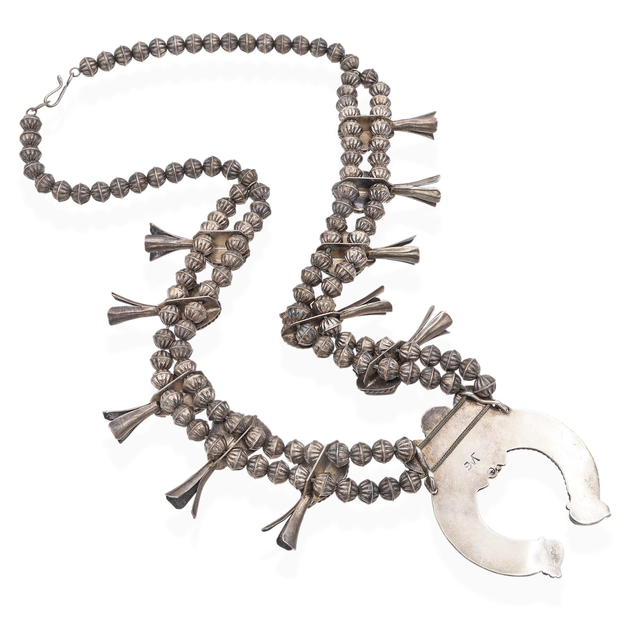 Vintage Navajo Southwestern Sterling Silver Turquoise Squash Blossom Necklace