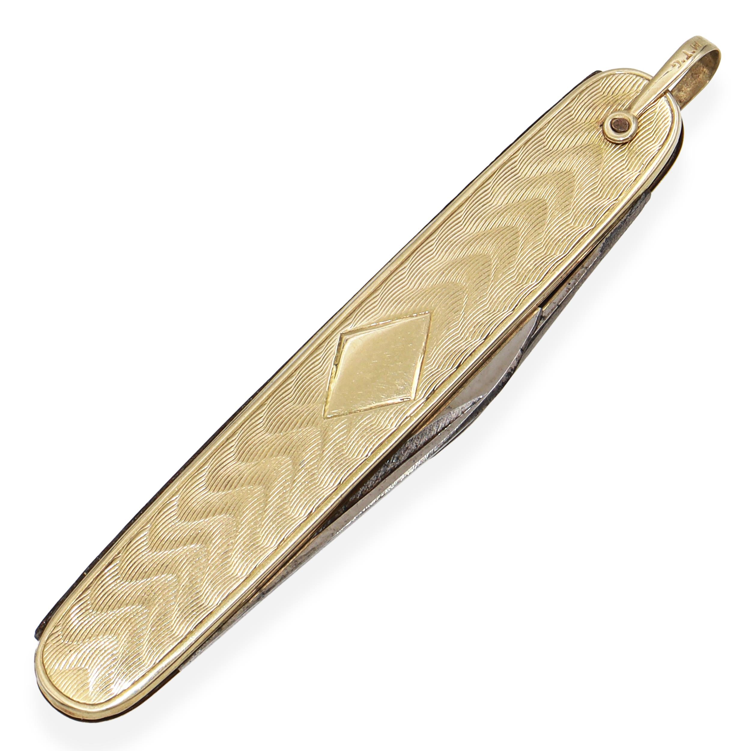 Vintage 10K Yellow Gold Engraved Handle & Dual Folding Blades Pocket Knife