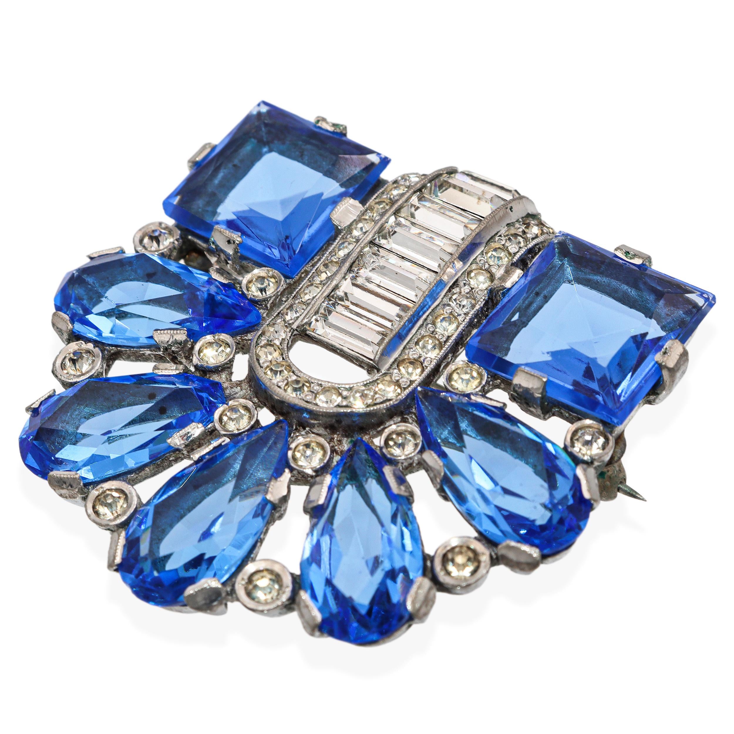 Vintage Art Deco Style Blue Rhinestone & Clear Crystal Fan Brooch