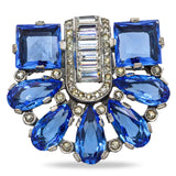 Vintage Art Deco Style Blue Rhinestone & Clear Crystal Fan Brooch