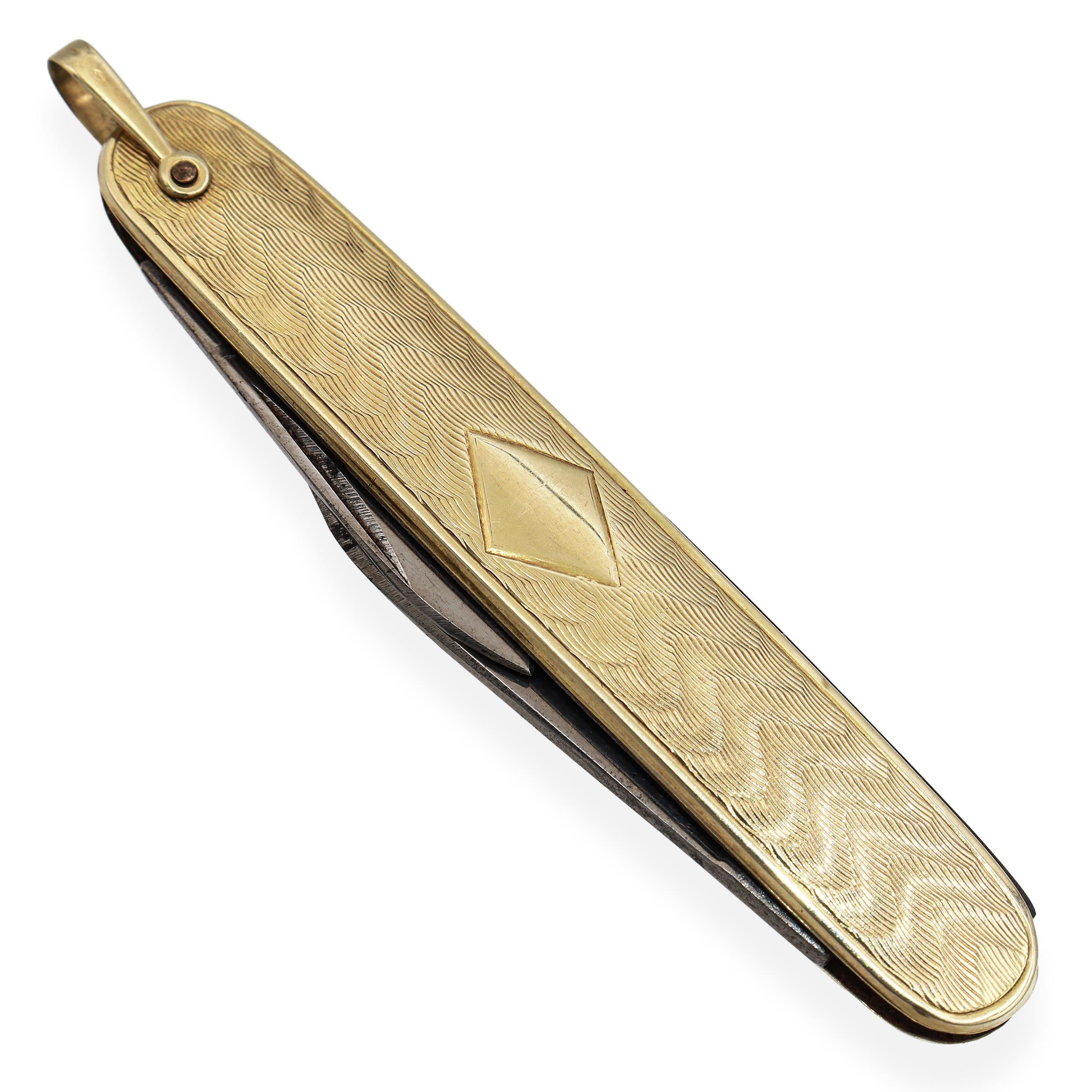 Vintage 10K Yellow Gold Engraved Handle & Dual Folding Blades Pocket Knife