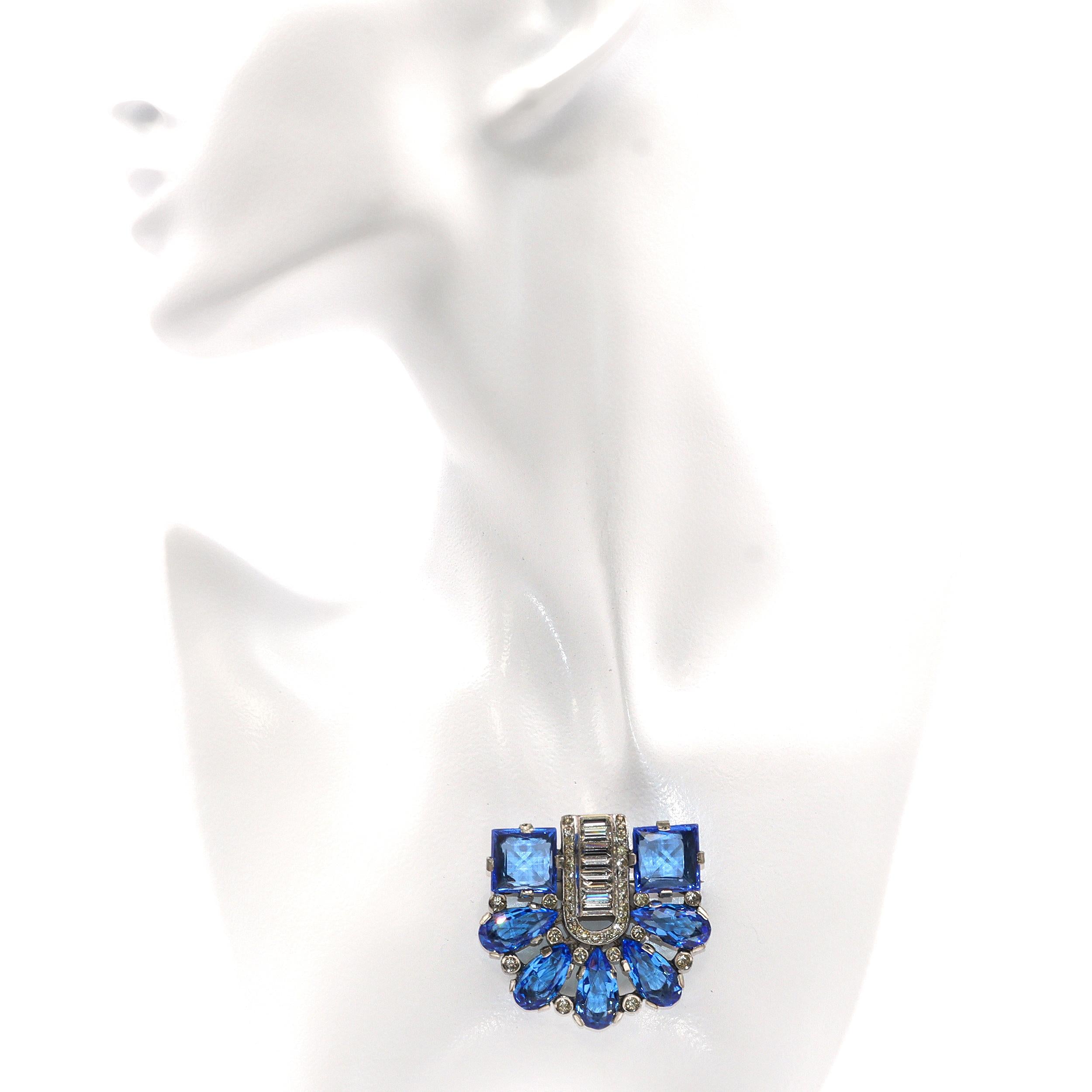 Vintage Art Deco Style Blue Rhinestone & Clear Crystal Fan Brooch