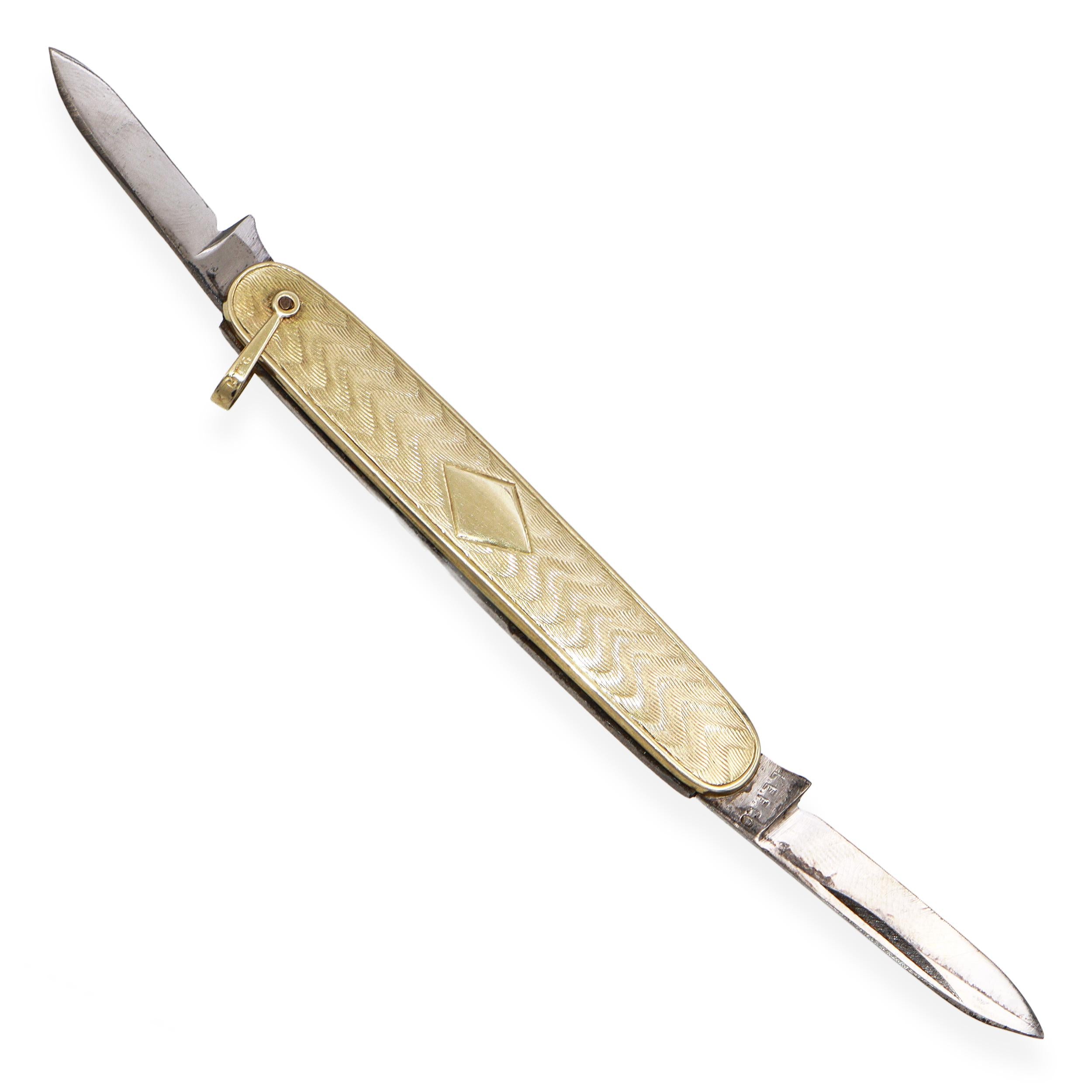 Vintage 10K Yellow Gold Engraved Handle & Dual Folding Blades Pocket Knife